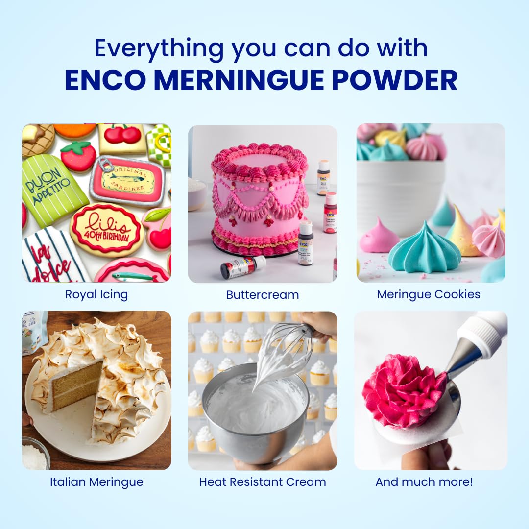 ENCO Meringue Powder mixing bowl scene highlights smooth blend for delicate meringues.