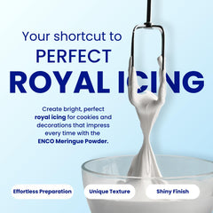 ENCO Meringue Powder scoop illustrates precise measuring for consistent results.