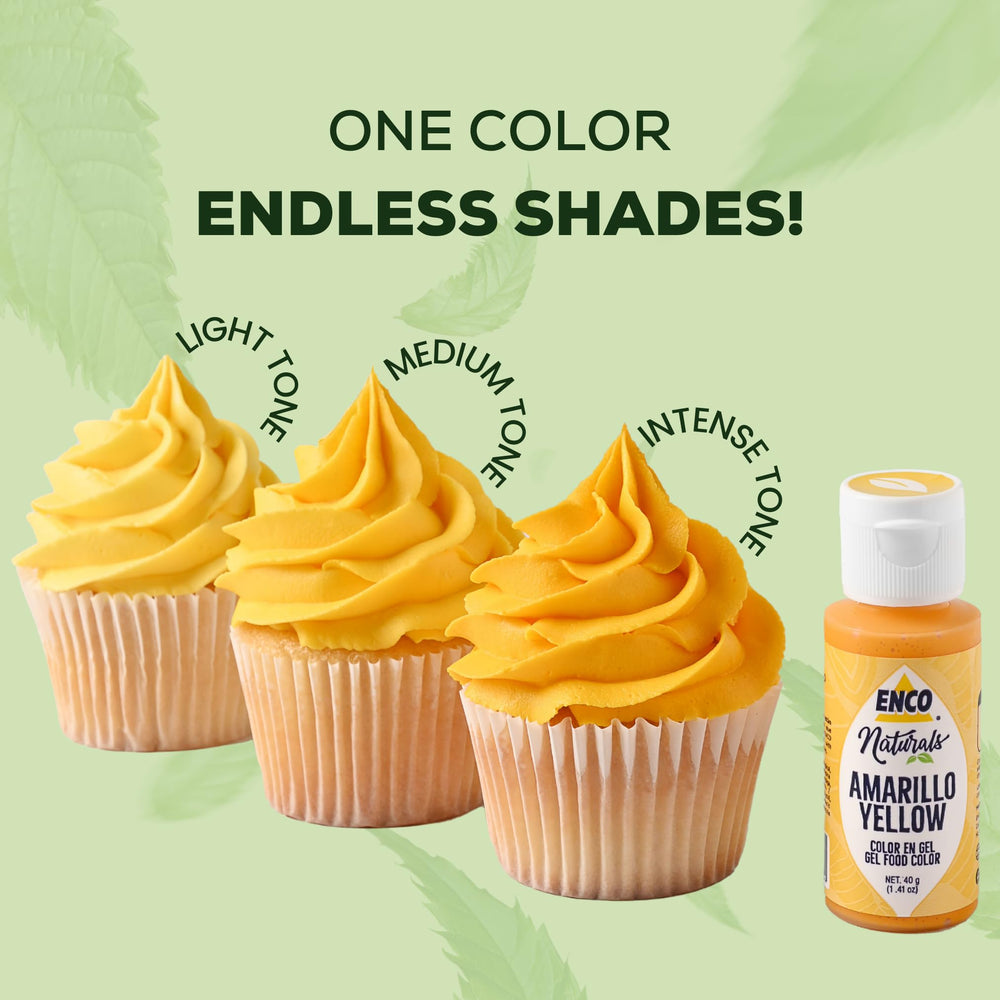 ENCO Yellow coloring gel on cupcakes for vibrant celebration looks.