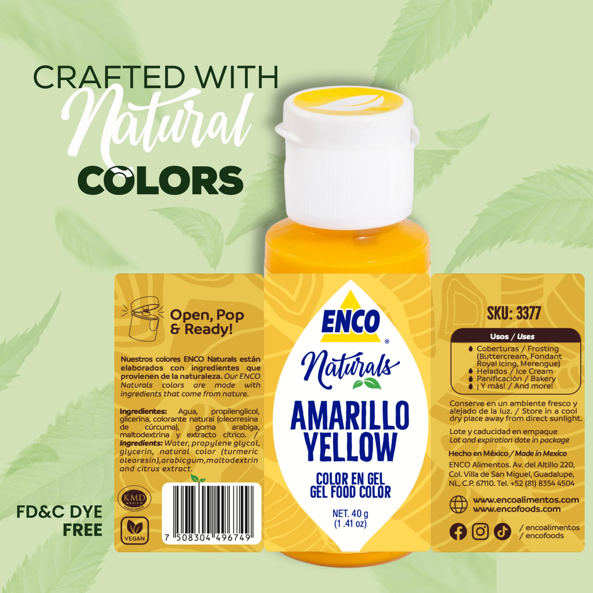 ENCO Yellow color gel in close-up container shows no artificial dyes.
