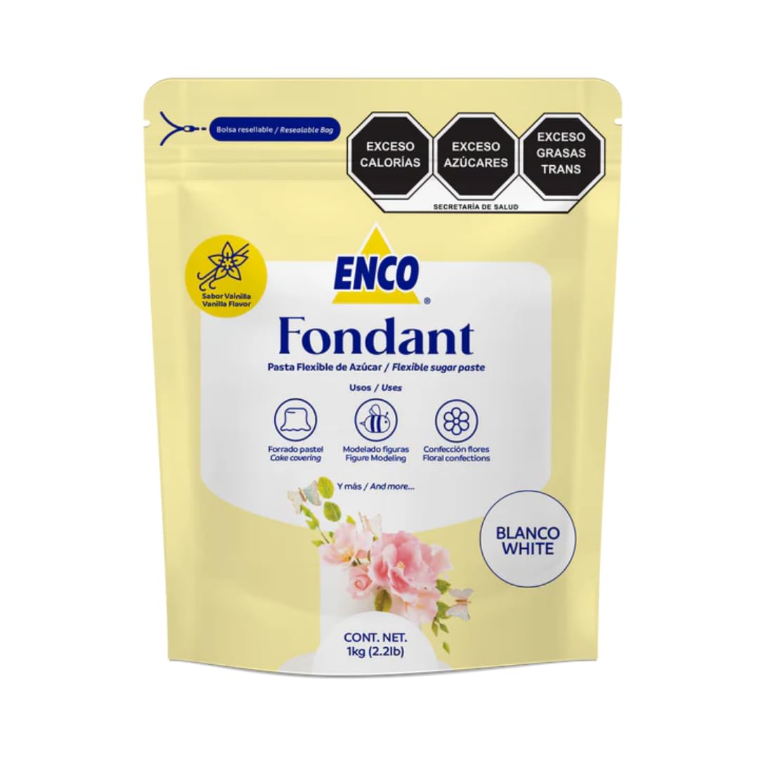 ENCO Premium White Fondant packaging shows ready-to-use formula for quick decorating prep