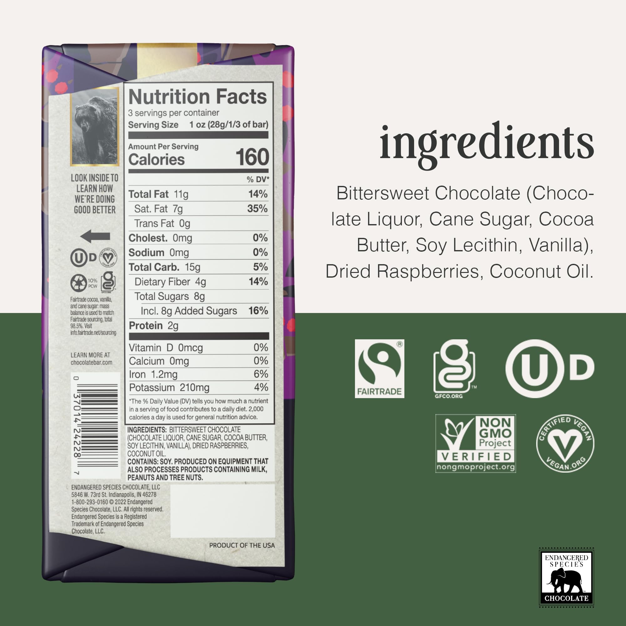 Endangered Species Chocolate Bar Grizzly Dark Raspberry close up, premium quality