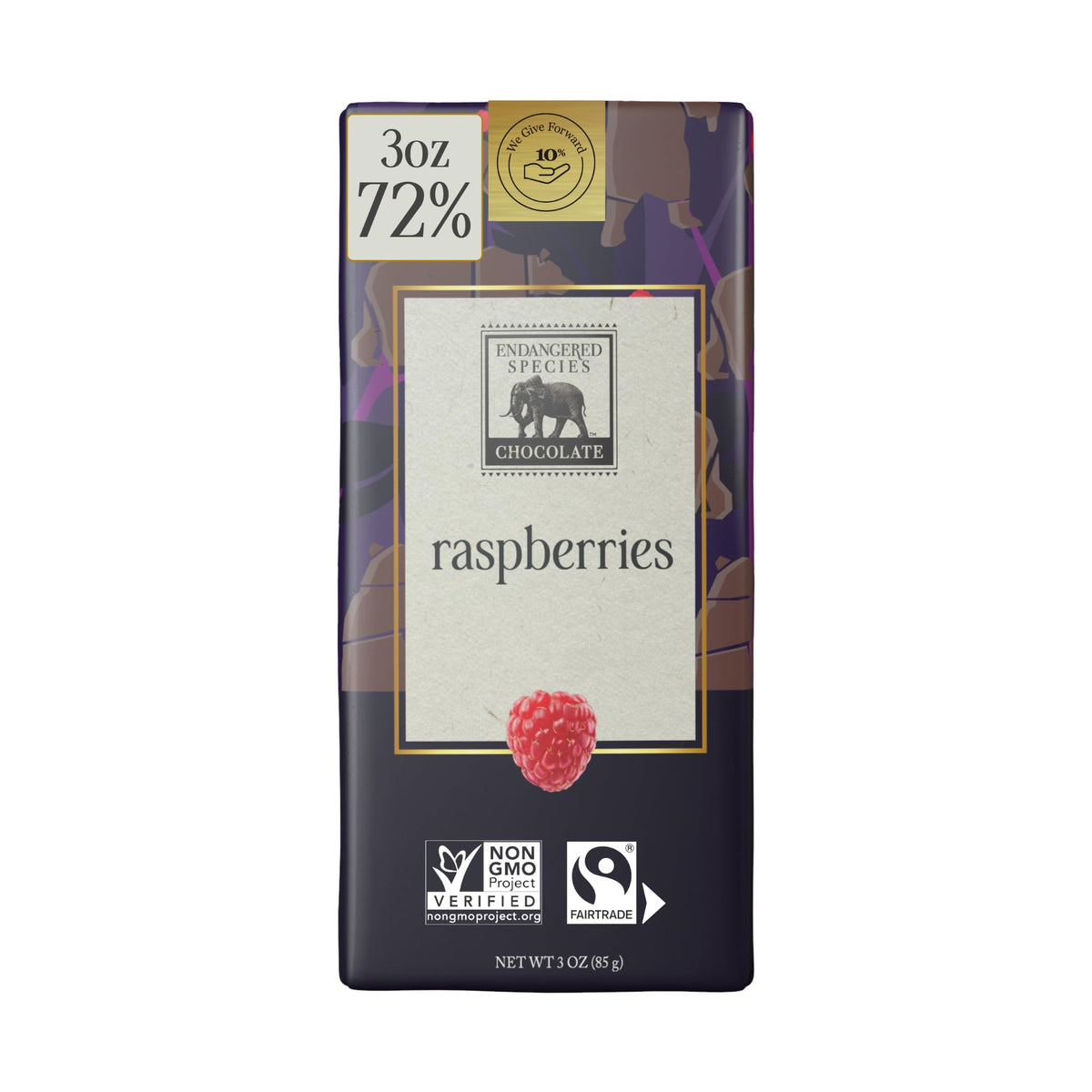 Endangered Species Chocolate Bar Grizzly Dark Raspberry packaging close up, gift-ready