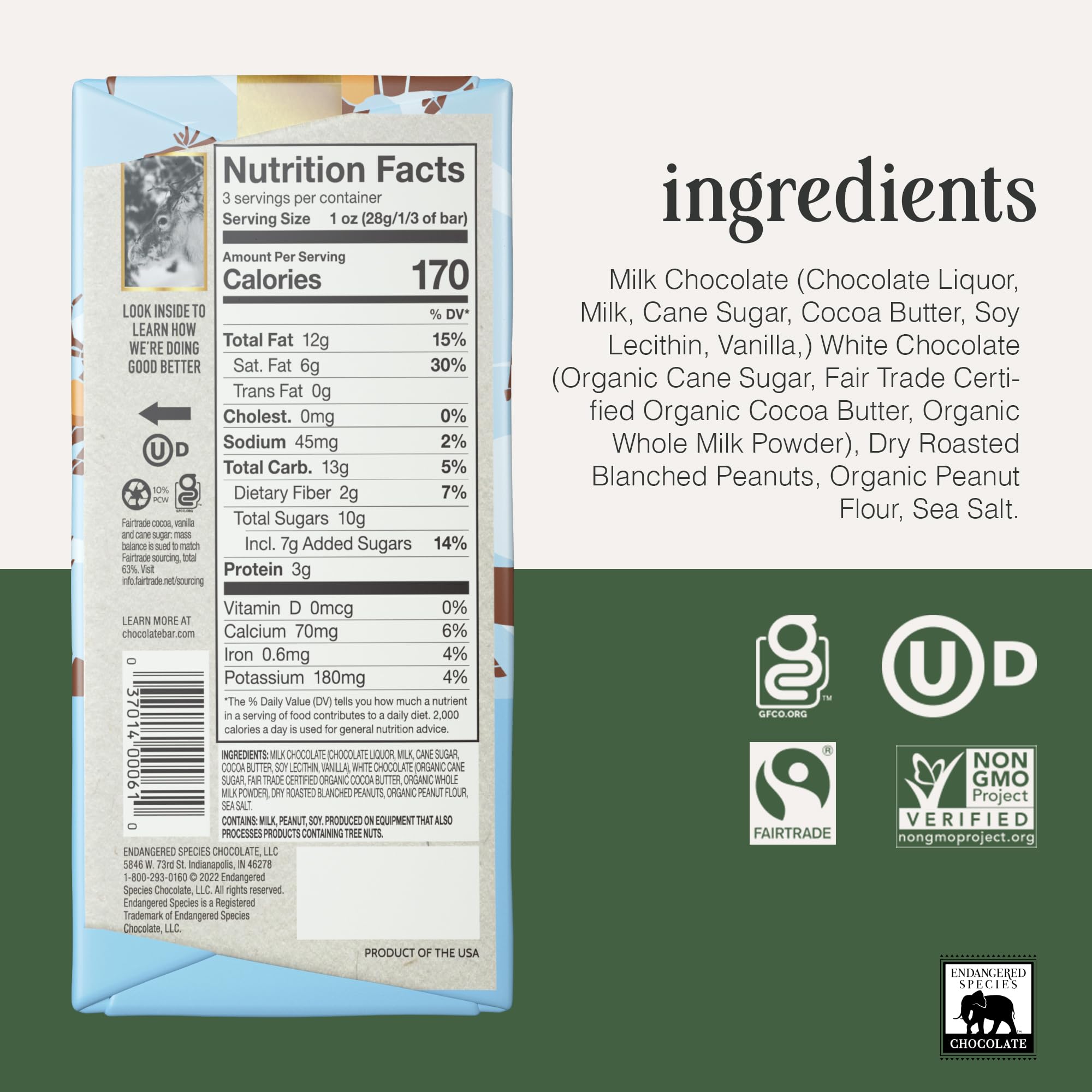 Endangered Species fudgy bar packshot highlighting chocolate and peanut butter flavor for anytime indulgence