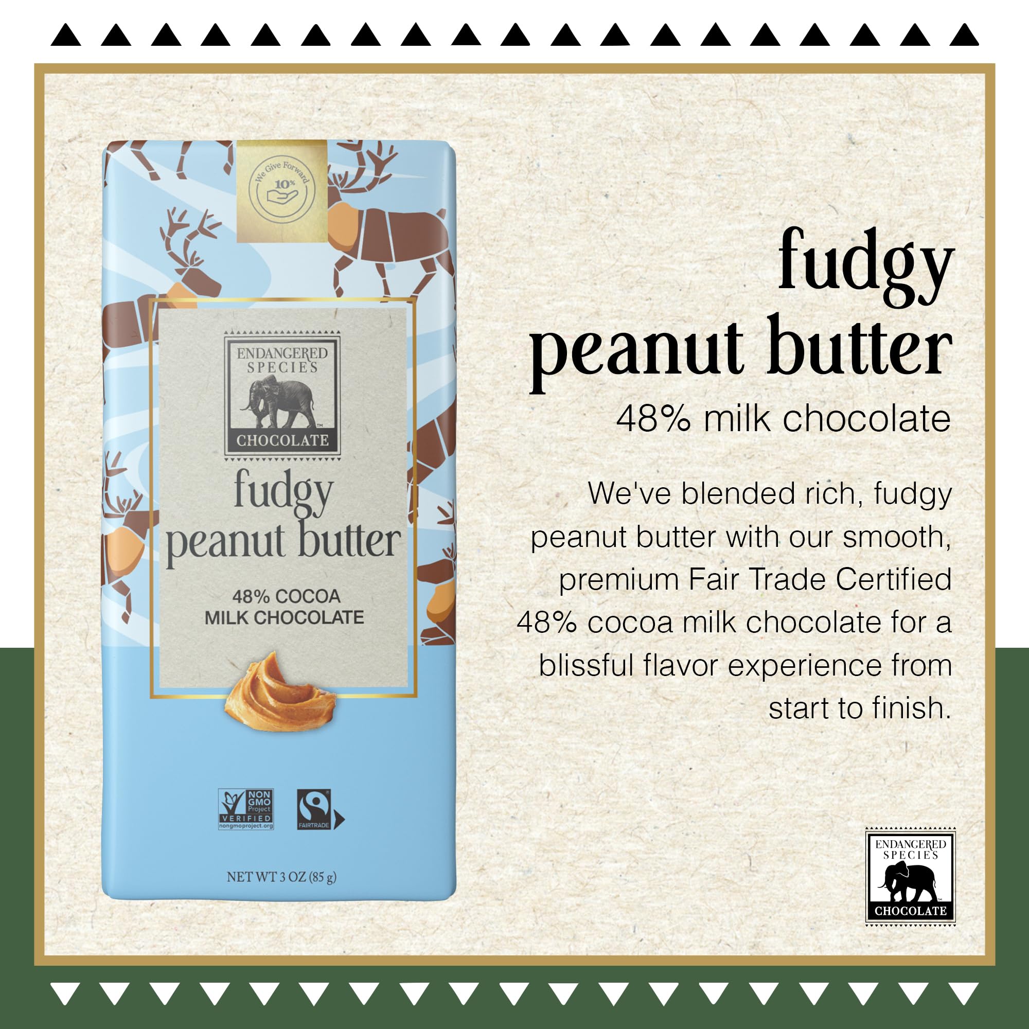 Endangered Species bar sliced piece reveals gooey peanut butter core and milk chocolate