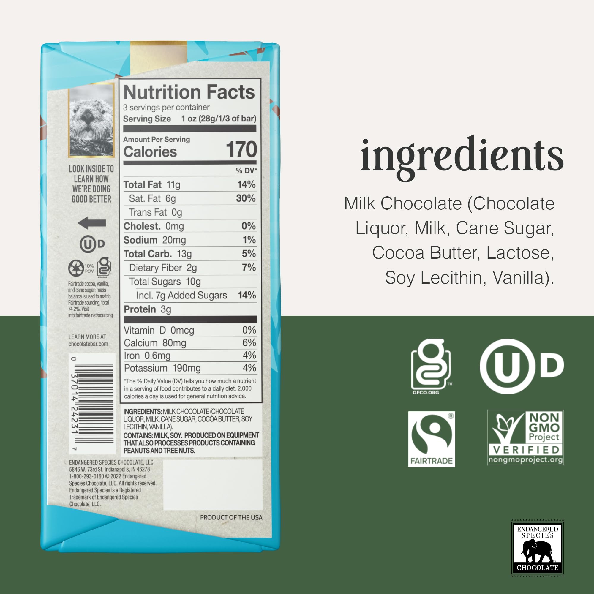 Endangered Species Milk Chocolate Bar broken piece reveals creamy texture ideal for snacking.
