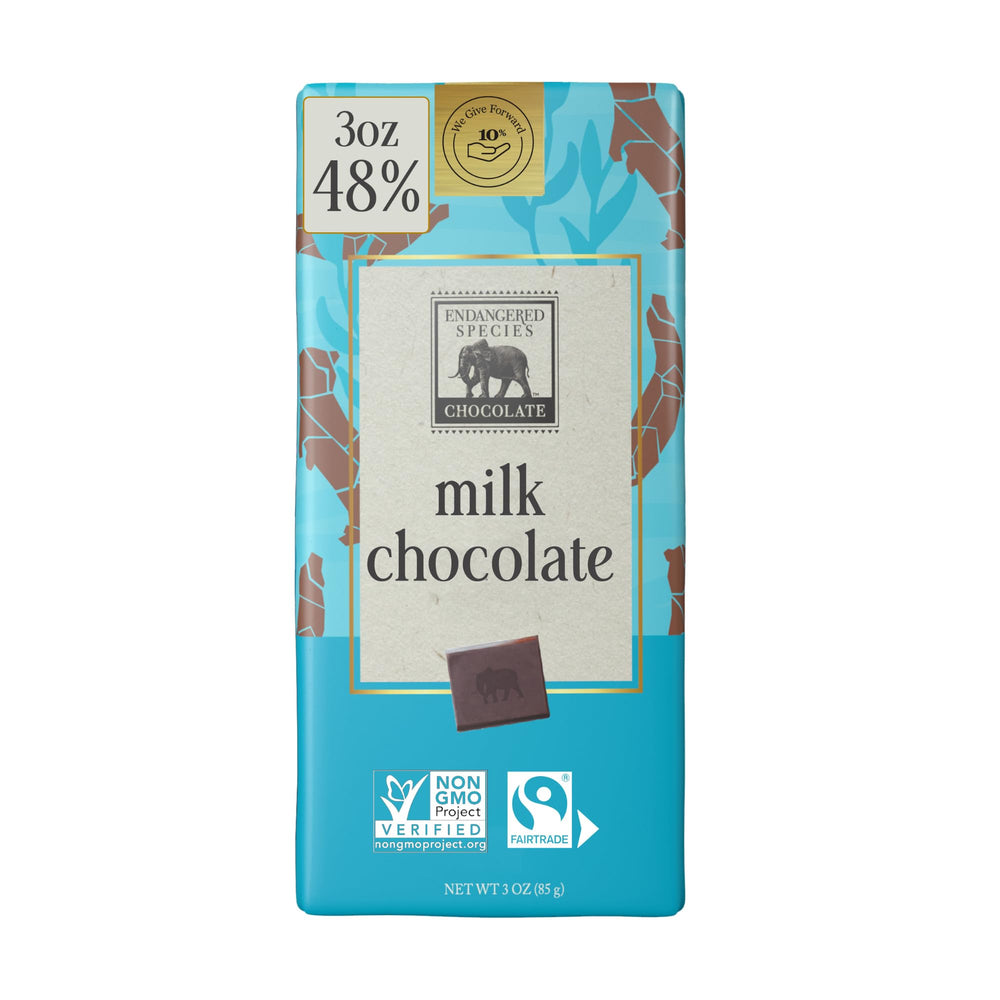 Endangered Species Milk Chocolate Bar wrap shows premium, responsibly sourced ingredients.