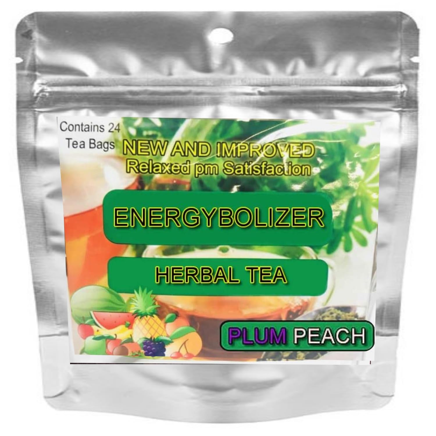 Energybolizer Perfect Weight Tea bag with plum peach flavor hinting at energy and flavor.