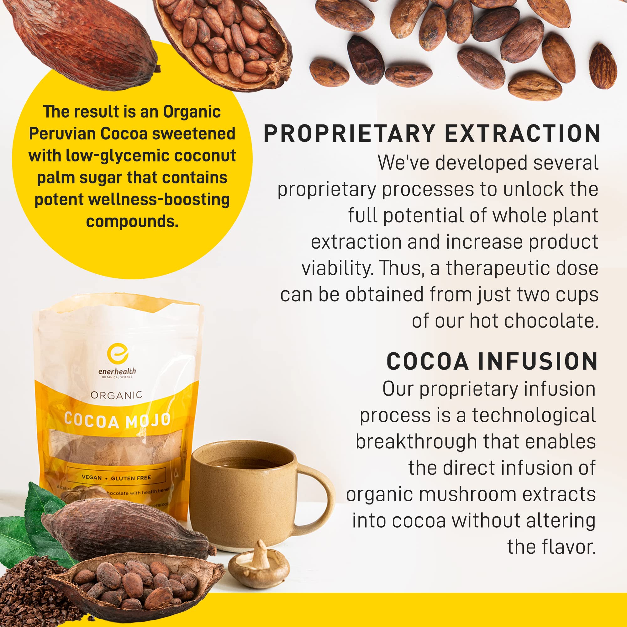 EnerHealth Cocoa Mojo extraction process graphic, showcasing potency without altering flavor