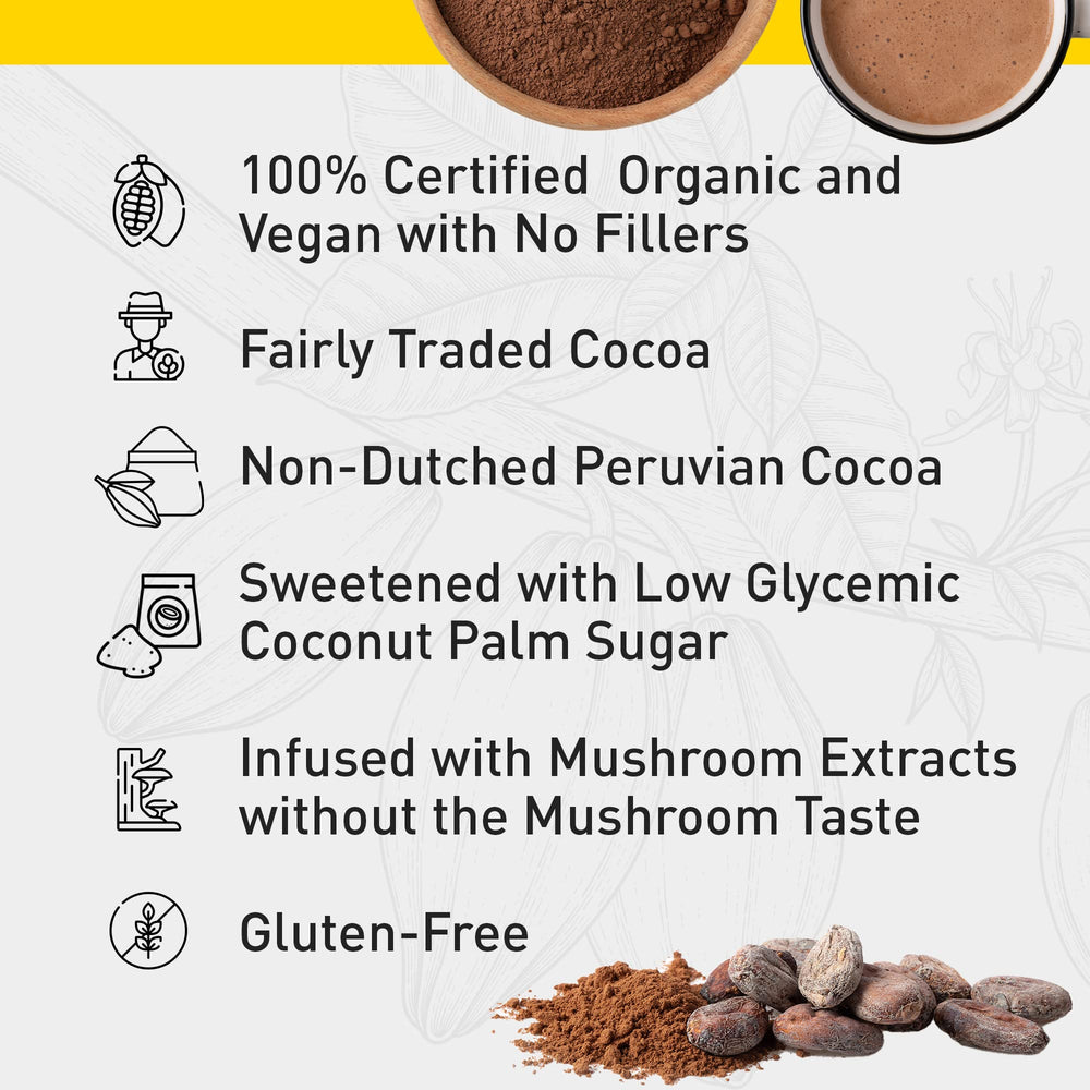 EnerHealth Cocoa Mojo ingredients on a board, highlighting cocoa and mushrooms