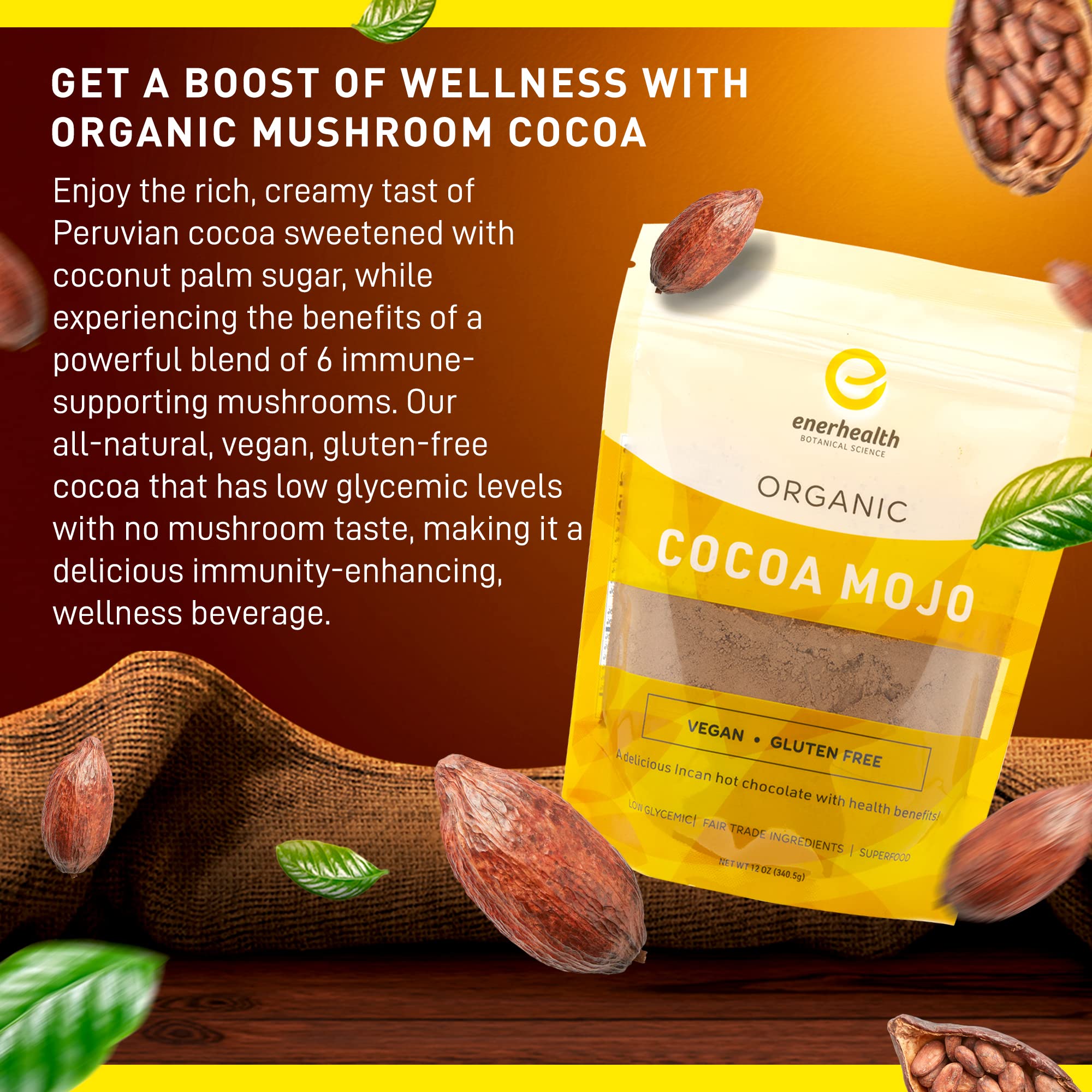 EnerHealth Cocoa Mojo bottle displays six organic mushroom extracts for a balanced cup