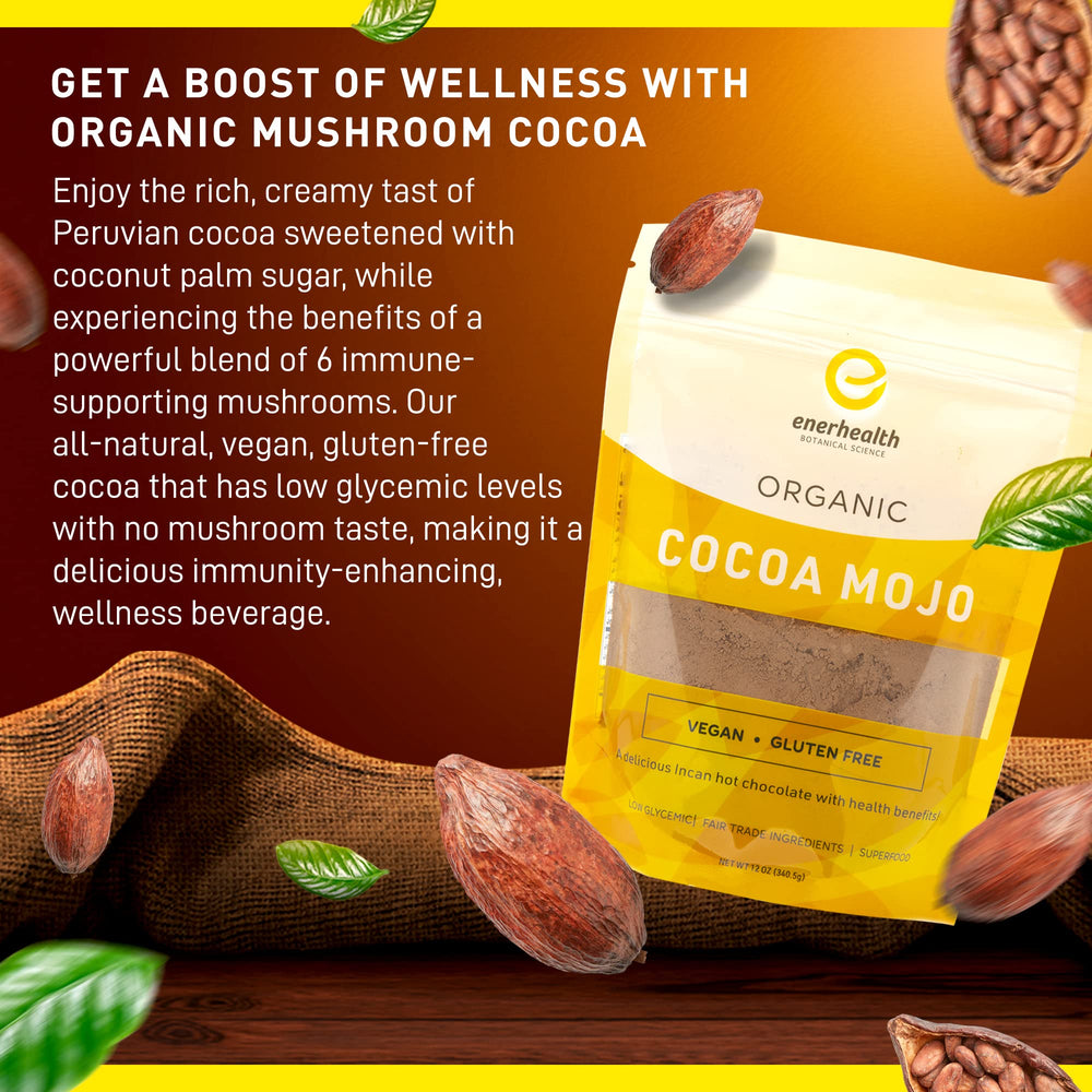 EnerHealth Cocoa Mojo bottle displays six organic mushroom extracts for a balanced cup