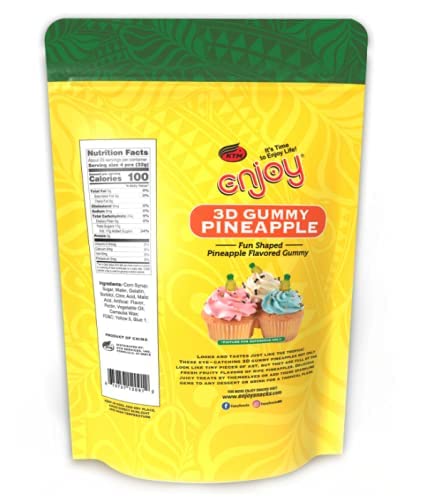 Enjoy Hawaii Snacks pineapple gummy closeup reveals chewy texture and vibrant pineapple flavor.