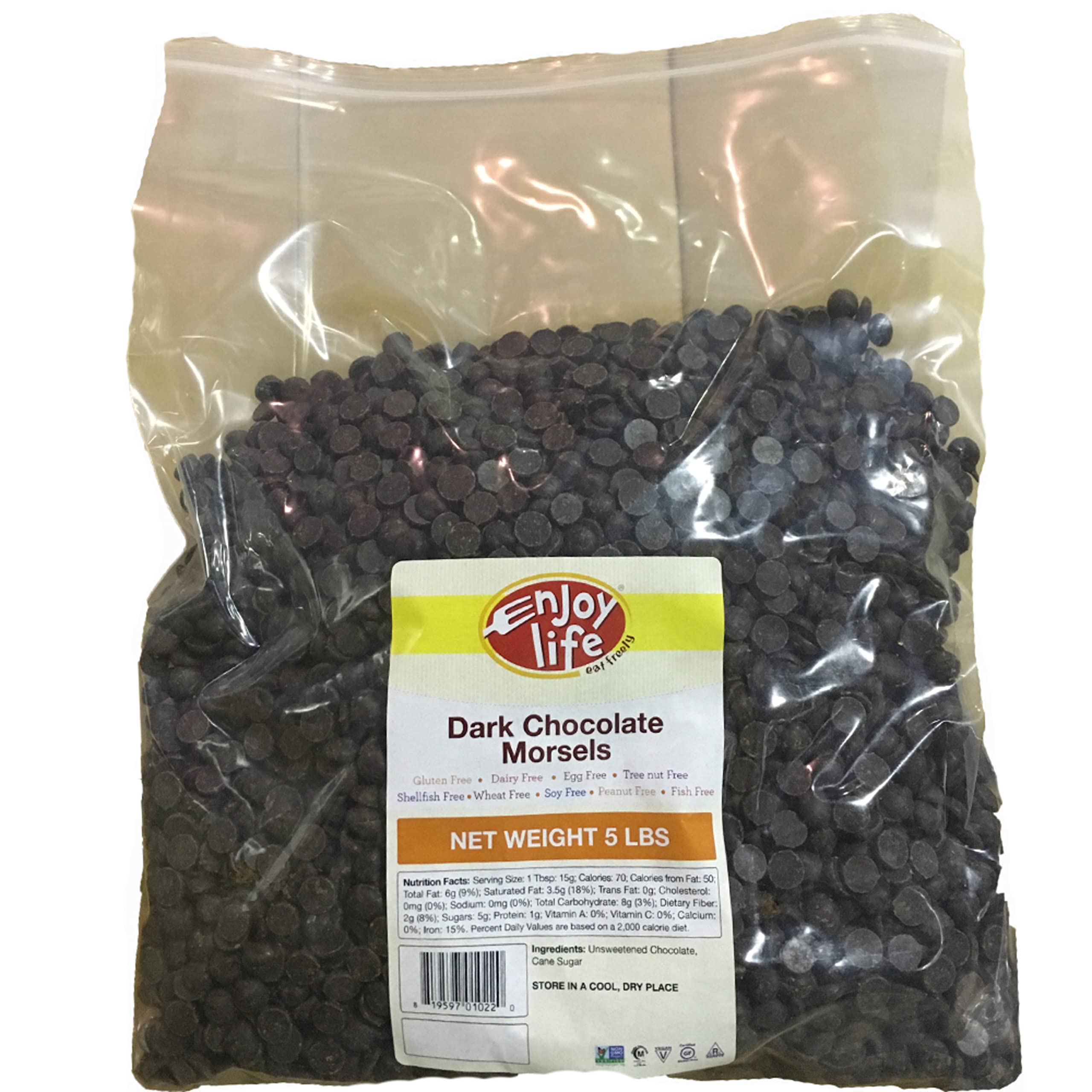 Enjoy Life bulk dark chocolate morsels in 5 lb bags for easy baking.
