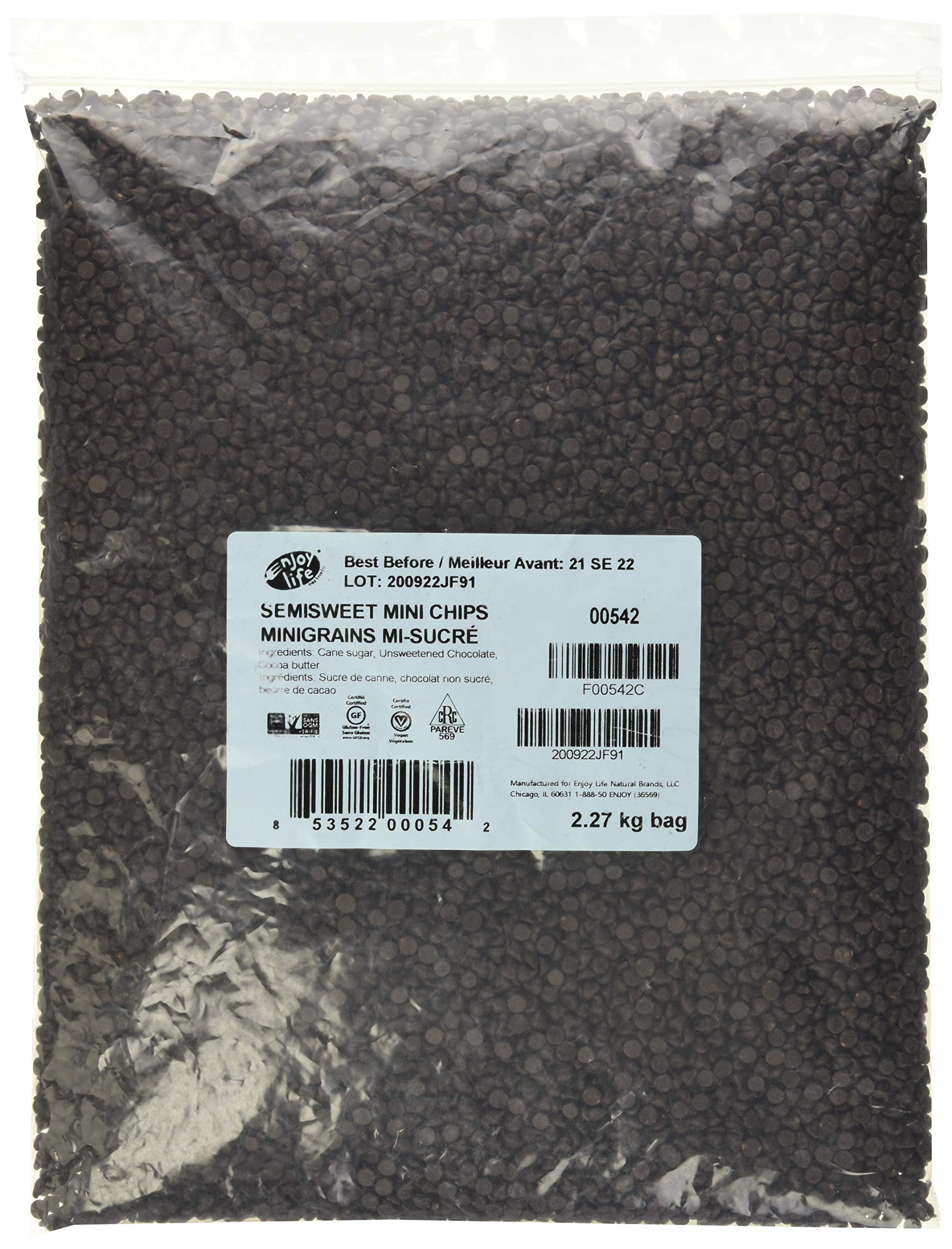 Enjoy Life bulk semi-sweet mini chips in a bag, ideal for easy portioning and baking.