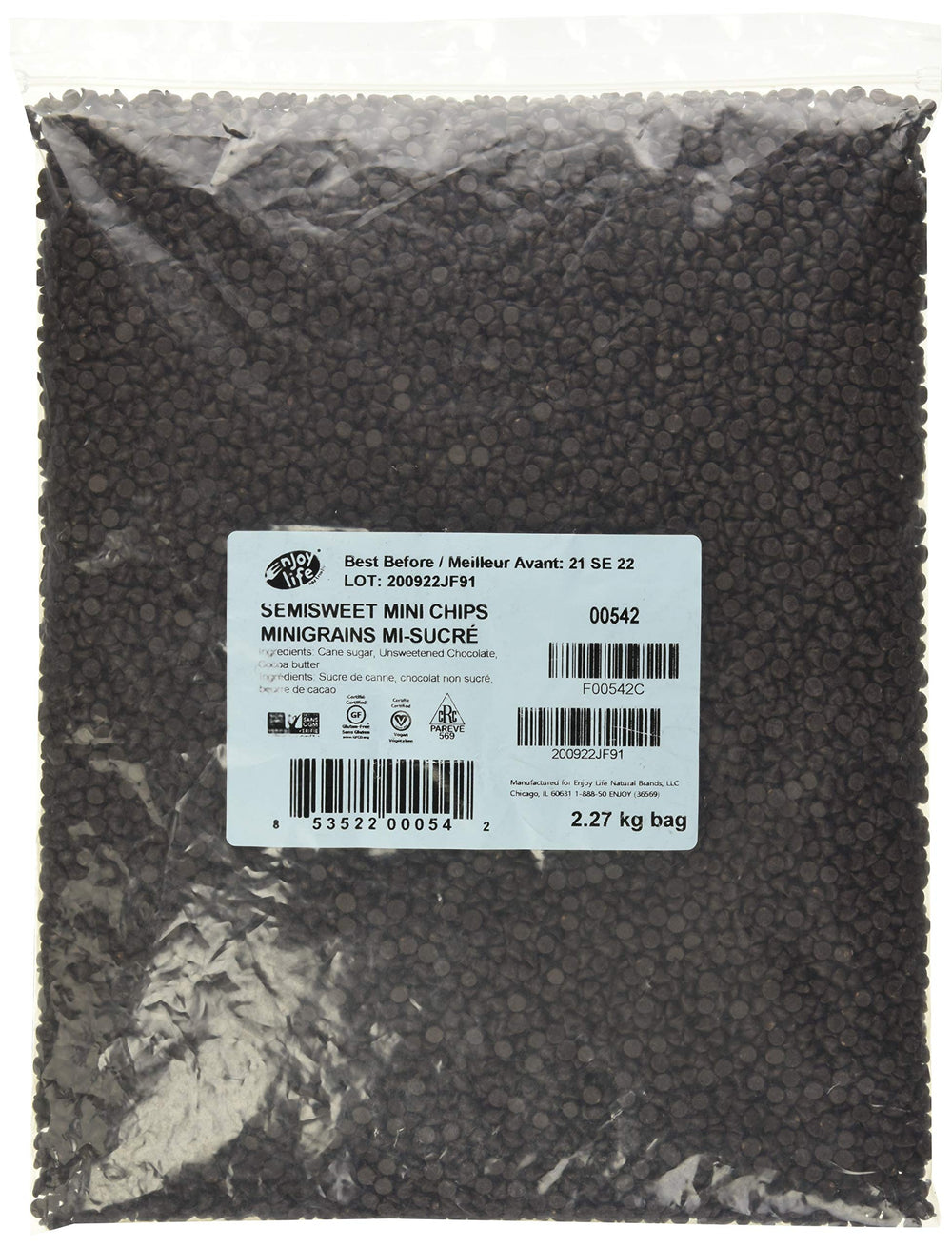 Enjoy Life bulk semi-sweet mini chips in a bag, ideal for easy portioning and baking.
