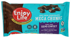 Enjoy Life mega chunks bag front, gluten-free chocolate chips ready for baking.