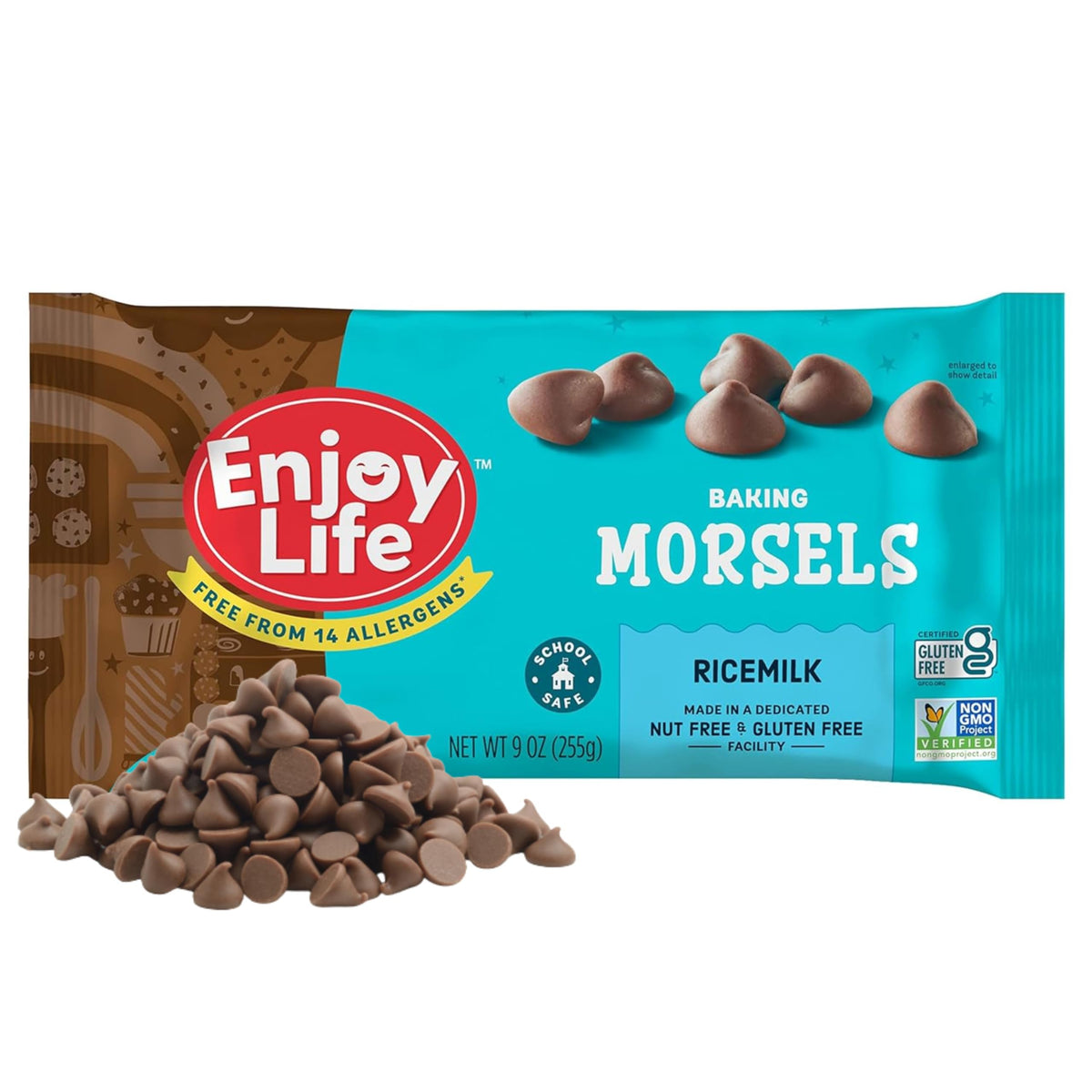 Enjoy Life Ricemilk Morsels bag showing a dairy-free chocolate chip for baking