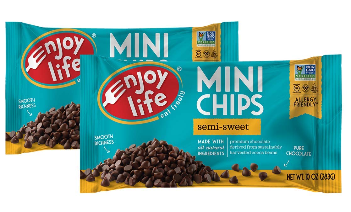 Enjoy Life Semi-Sweet Chocolate Mini Chips in a bag, ideal for dairy-free baking.