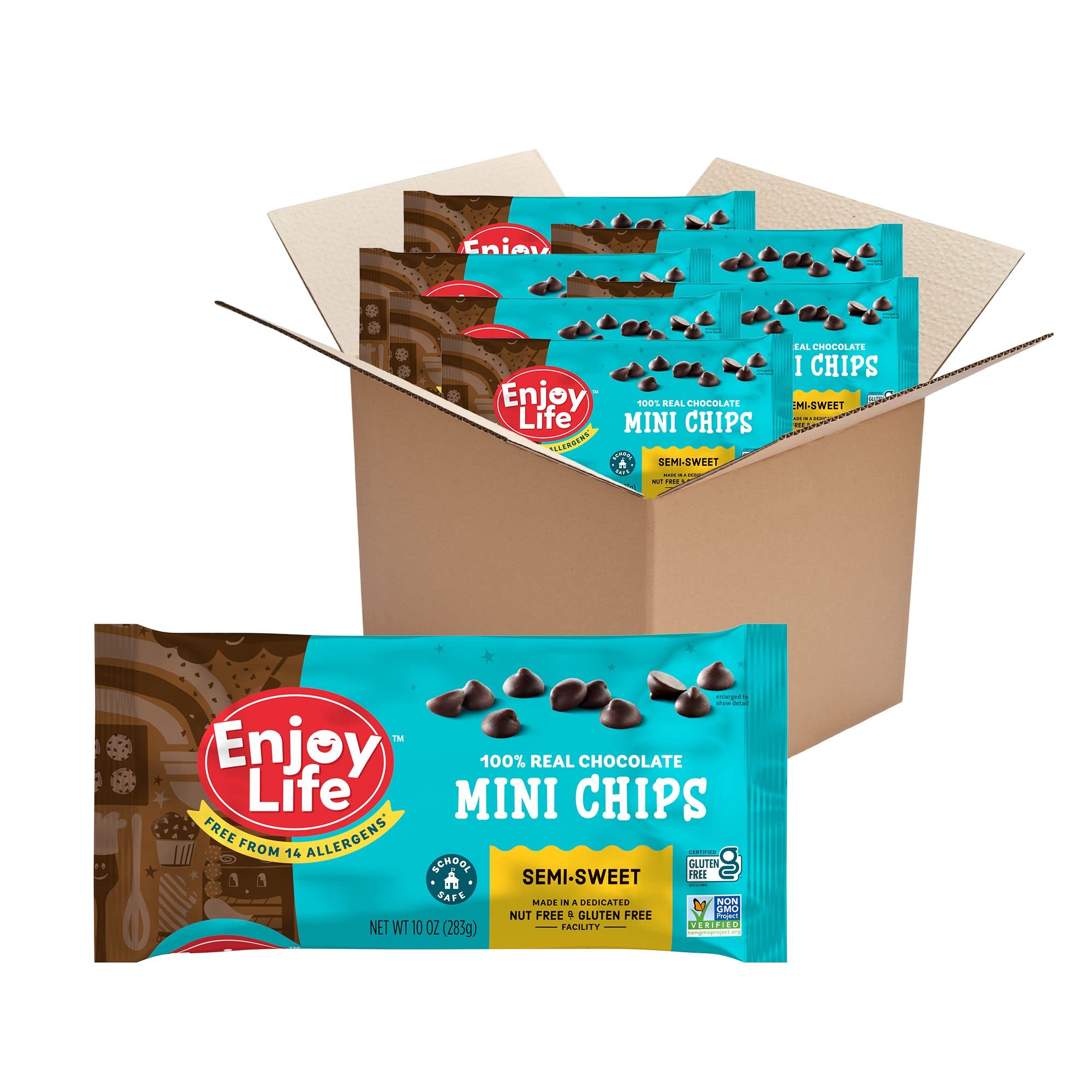 Enjoy Life mini chips bag front; gluten-free vegan snack option.