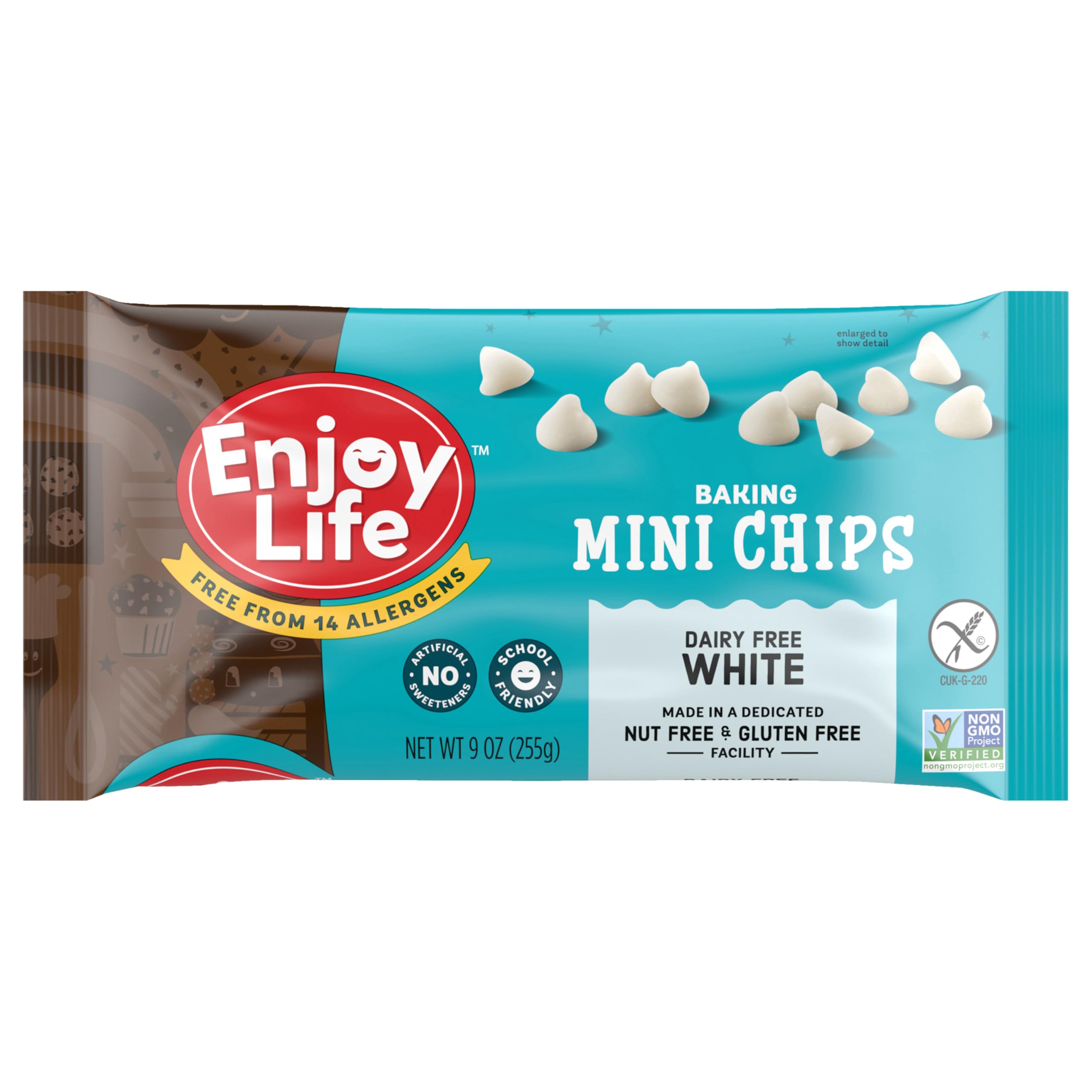 Enjoy Life White Mini Chips bag on display, ideal for baking and snacking.