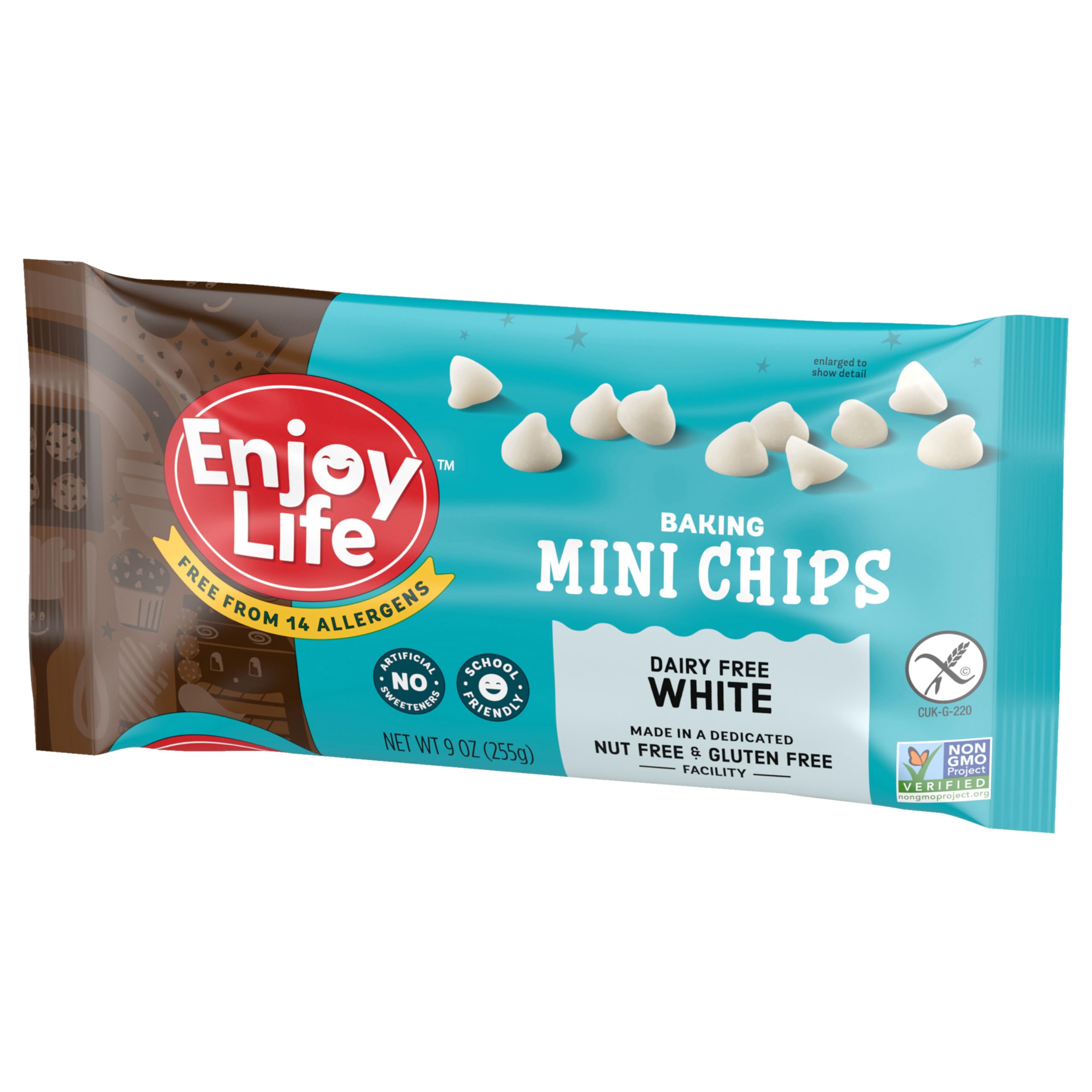 Snack-ready portion of Enjoy Life White Mini Chips in a small cup.
