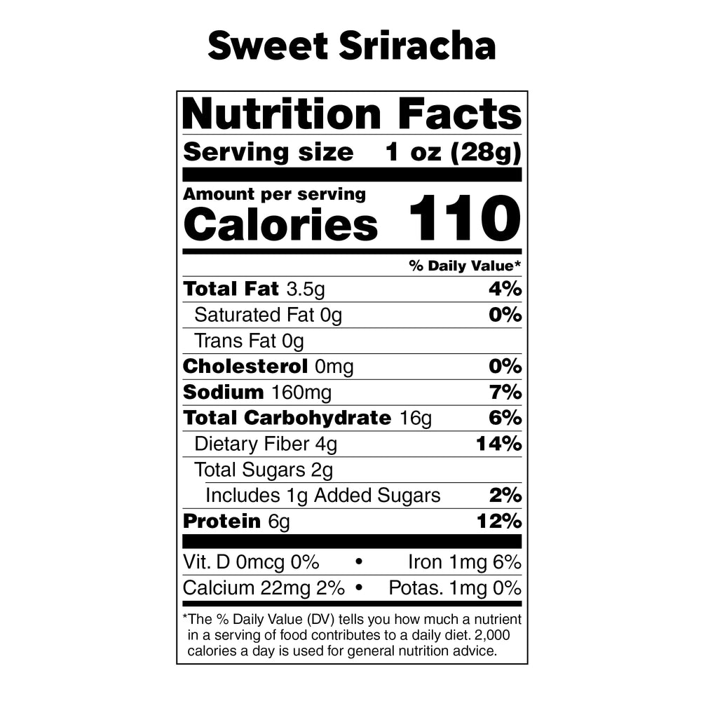 Enlightened Bada Bean Bada Boom Sriracha bag showing bold flavor for on-the-go snacking.