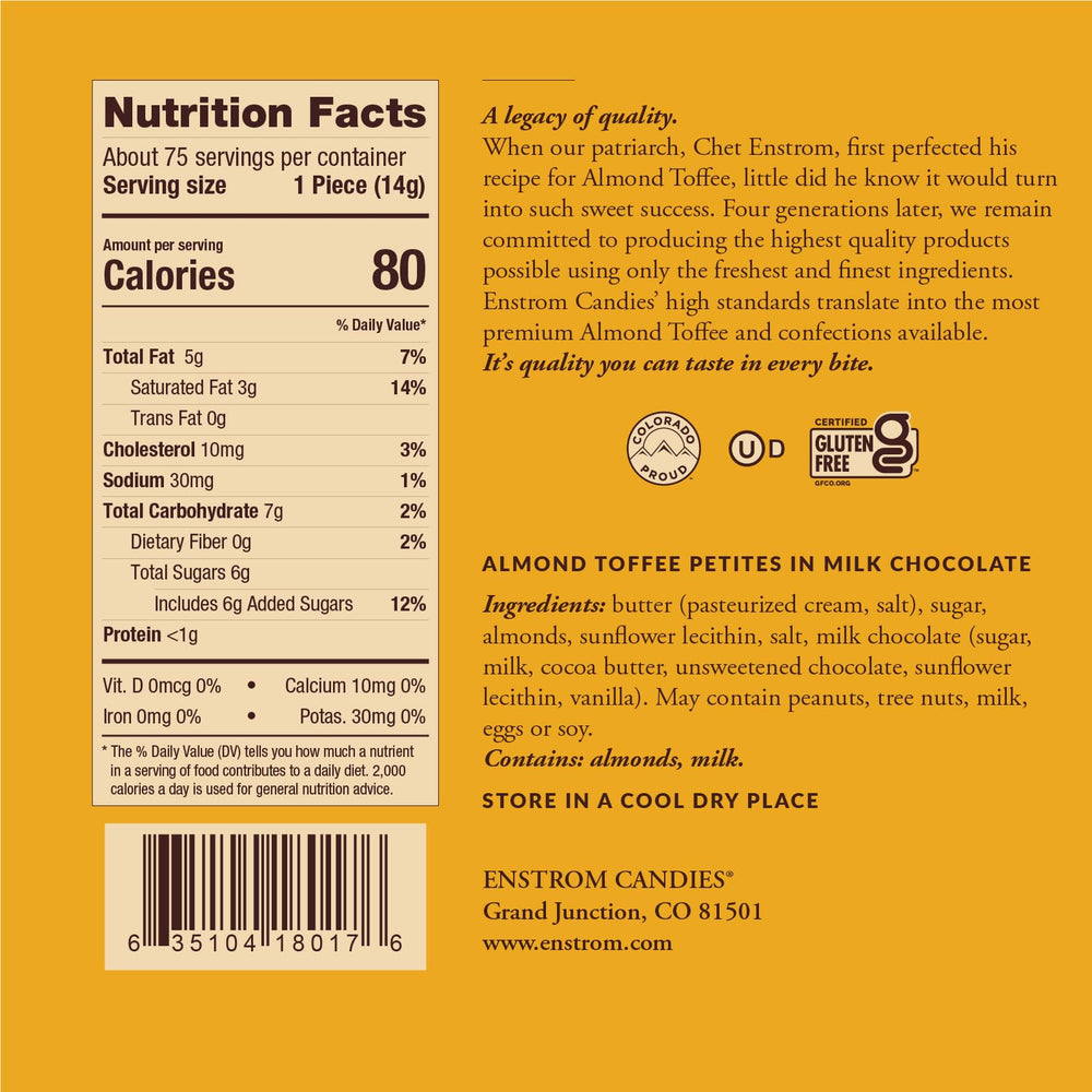 Enstrom Almond Toffee Petites individually wrapped for on-the-go enjoyment.