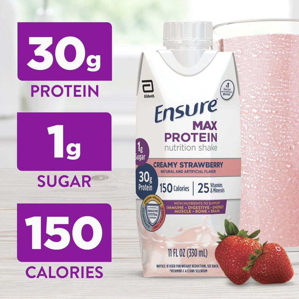 Ensure Max Protein bottle side shows nutrition details for muscle health
