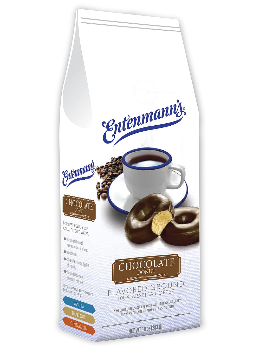 Entenmann's Coffee Ground Chocolate Donut 10oz packshot highlights premium roast and value.