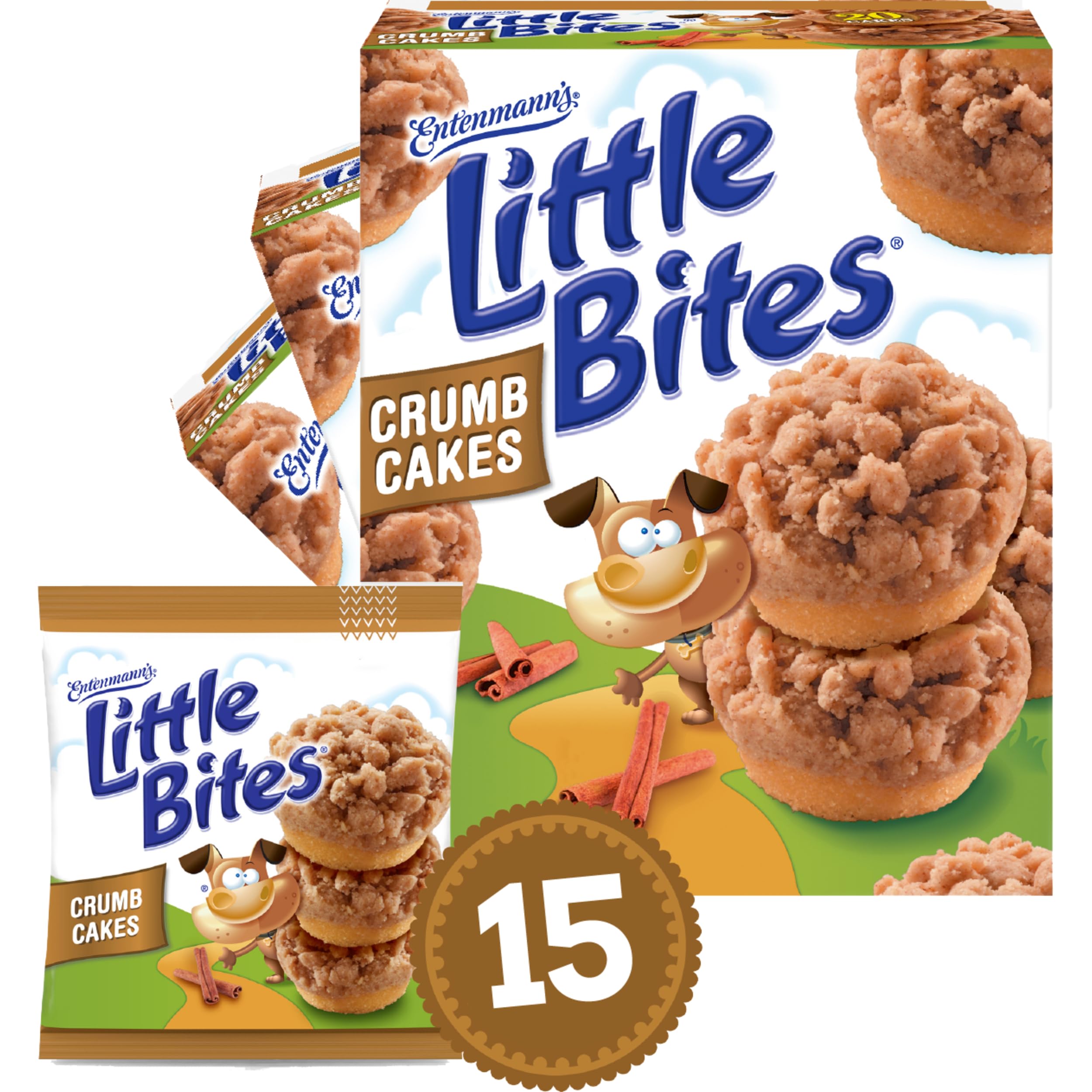 Entenmann's Little Bites Crumb Cake Muffins 3-pack box, 15 individually wrapped packs for easy snacking.