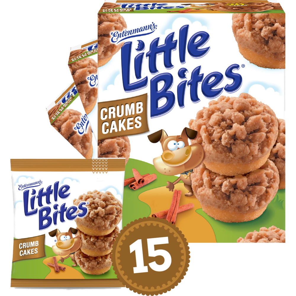 Entenmann's Little Bites Crumb Cake Muffins 3-pack box, 15 individually wrapped packs for easy snacking.