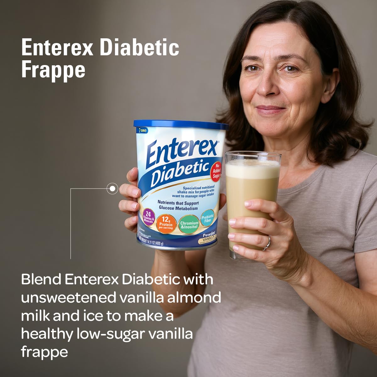 Enterex Diabetic chromium picolinate and inositol bottle indicating metabolism support ingredients.