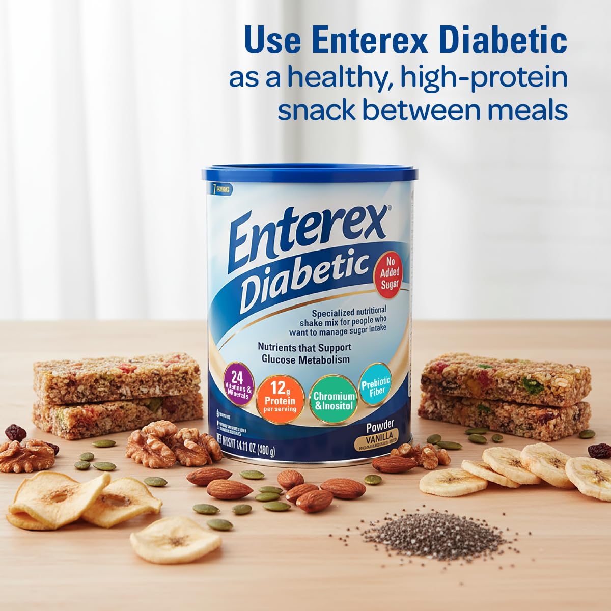 Enterex Diabetic prebiotic FOS fiber scoop demonstrating digestive health support.