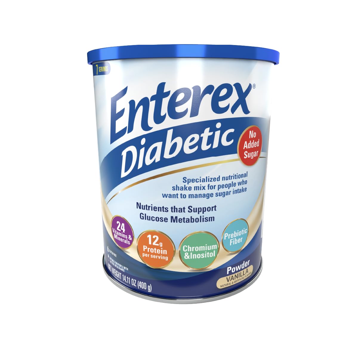 Enterex Diabetic vanilla powder bottle highlighting gluten-free and no added sugar nutrition.