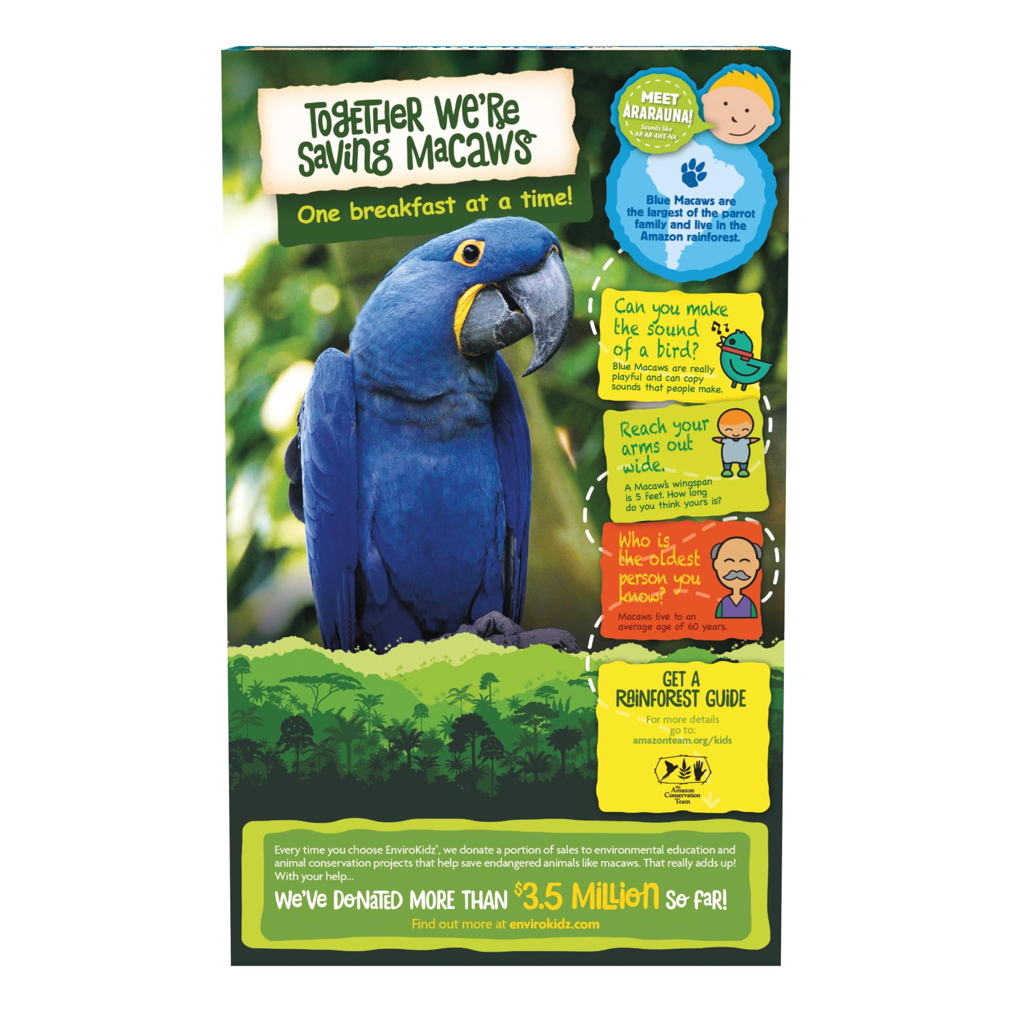 Blue macaw on EnviroKidz packaging highlighting conservation