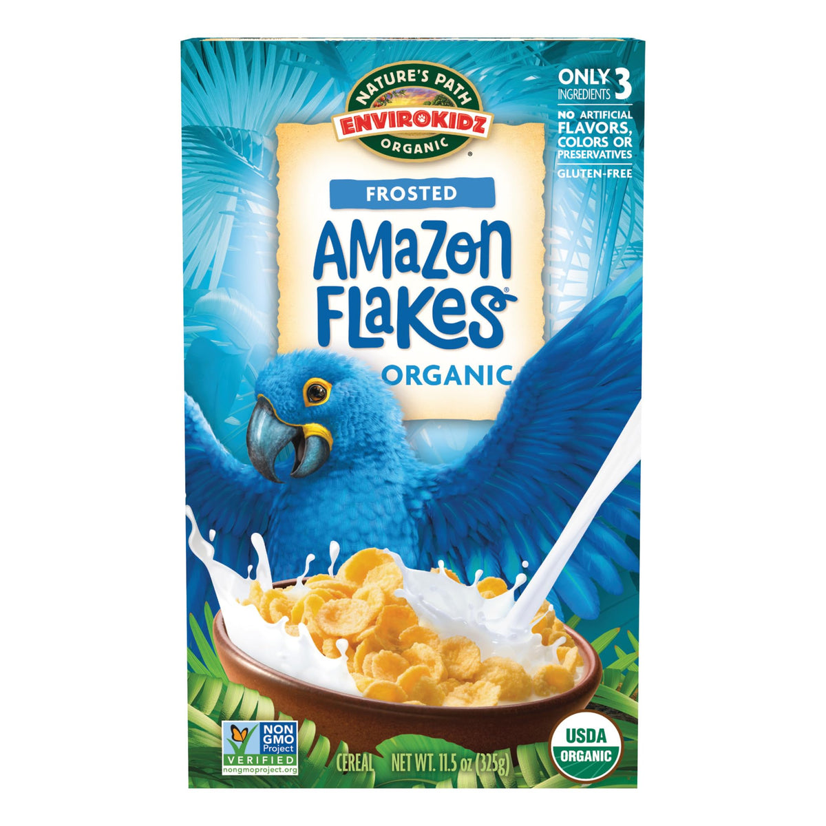 EnviroKidz Amazon Frosted Flakes cereal box for gluten-free breakfast