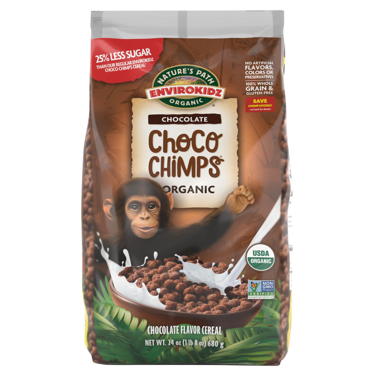 EnviroKidz Choco Chimps cereal bag 24 oz ready for a crunchy kid-friendly breakfast.