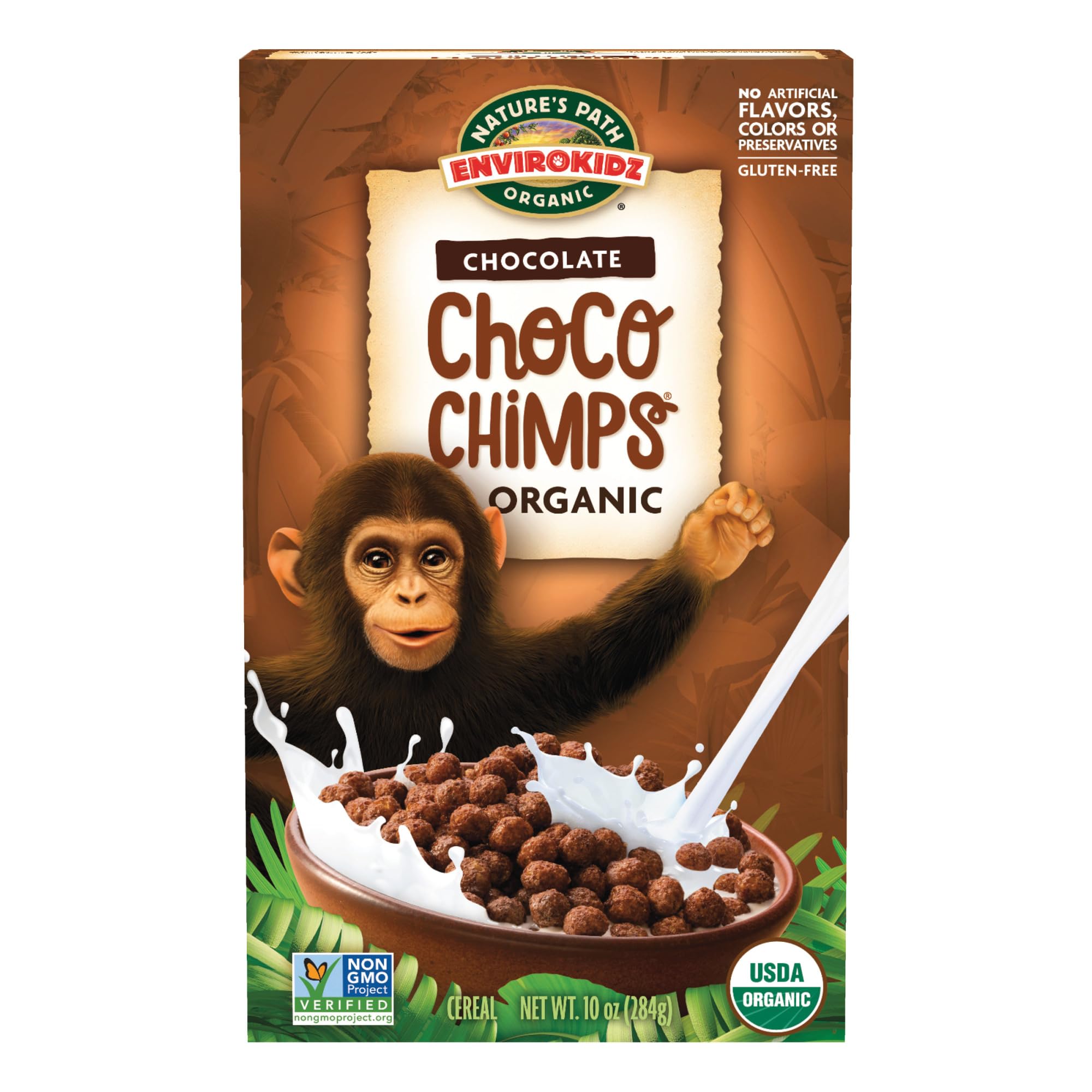EnviroKidz Choco Chimps cereal box showing organic gluten-free breakfast option for families