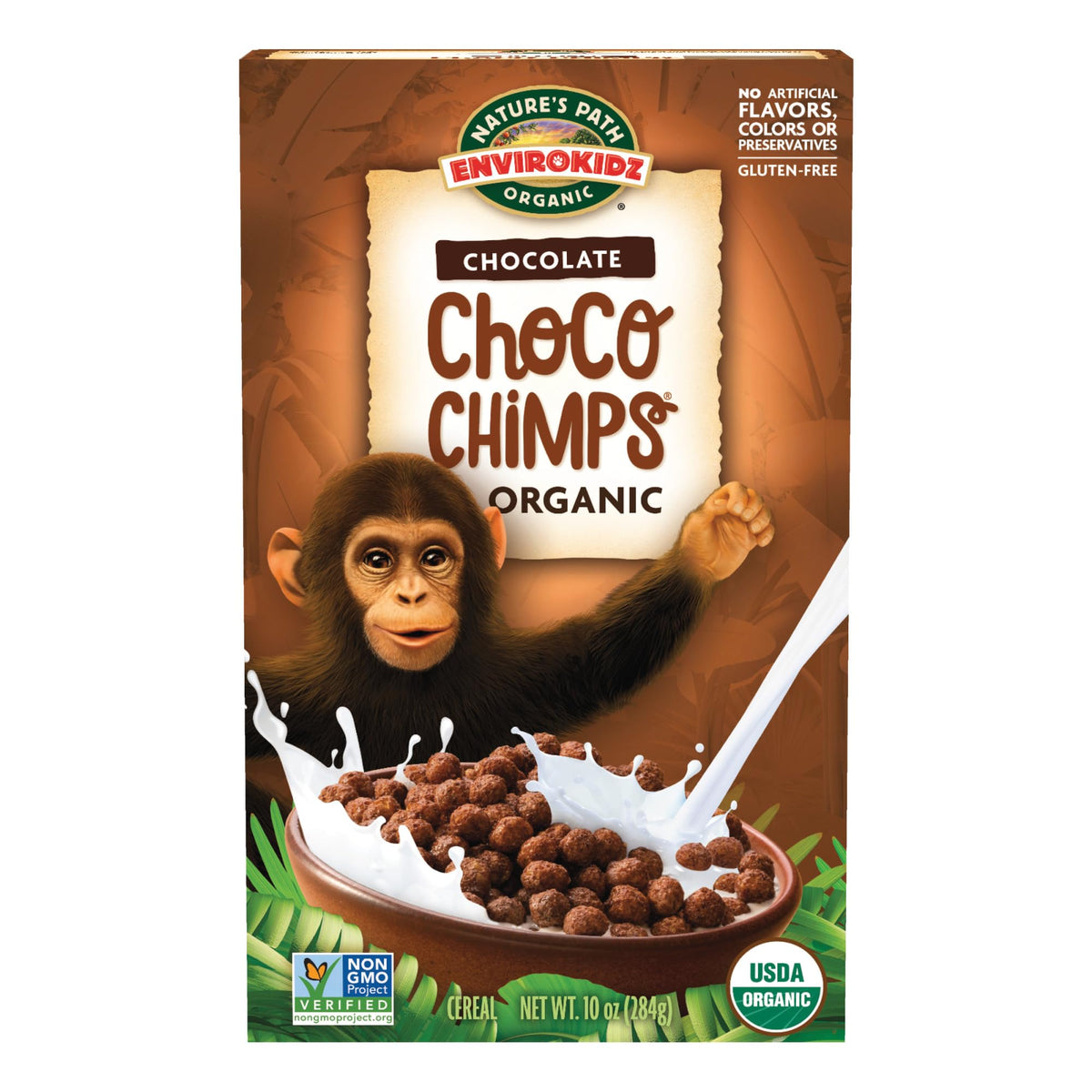 EnviroKidz Choco Chimps cereal box showing organic gluten-free breakfast option for families
