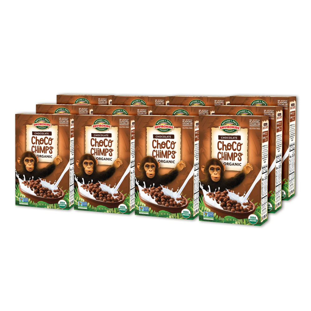 EnviroKidz Choco Chimps cereal puffs close-up with crisp texture designed for milk