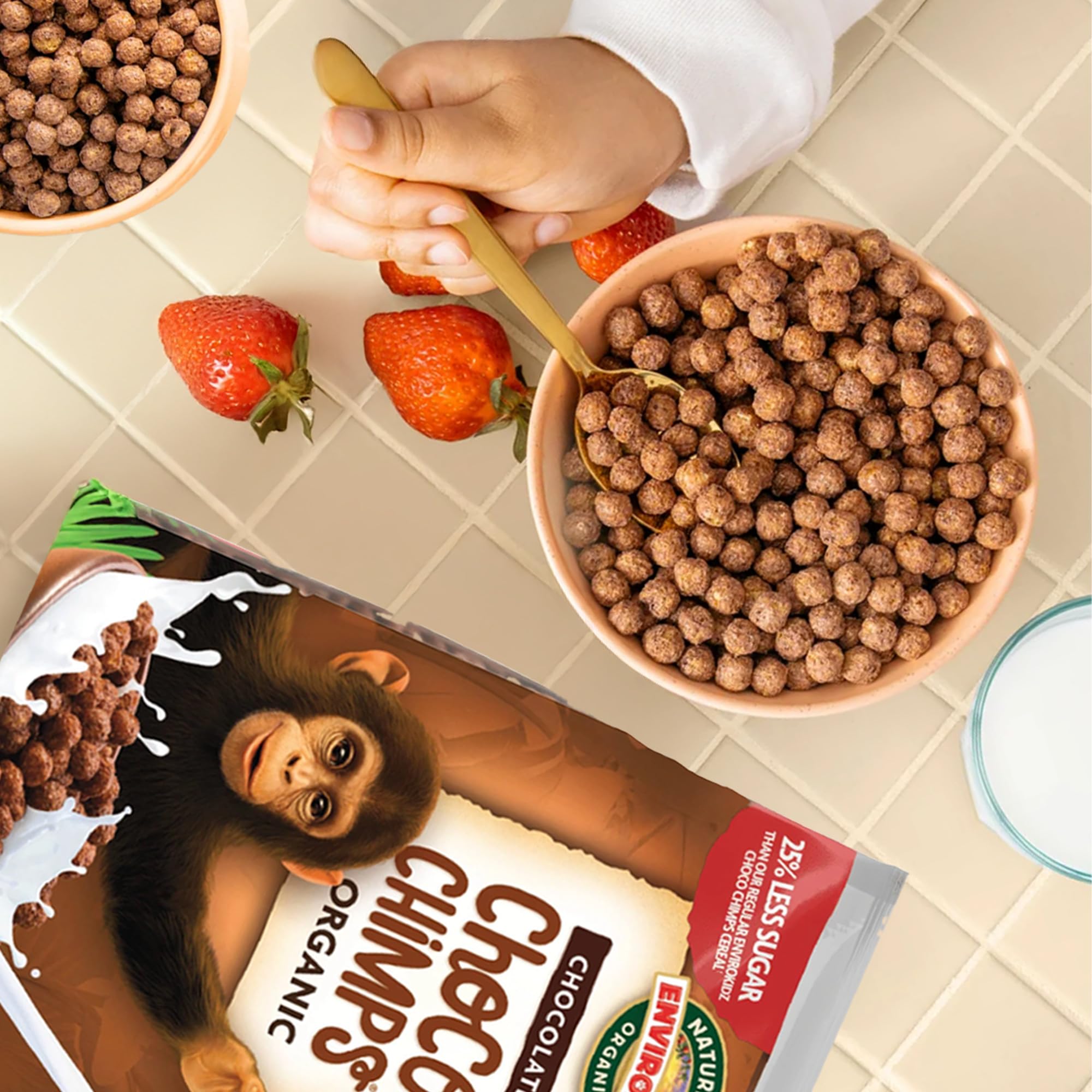 EnviroKidz Choco Chimps cereal in school breakfast context.