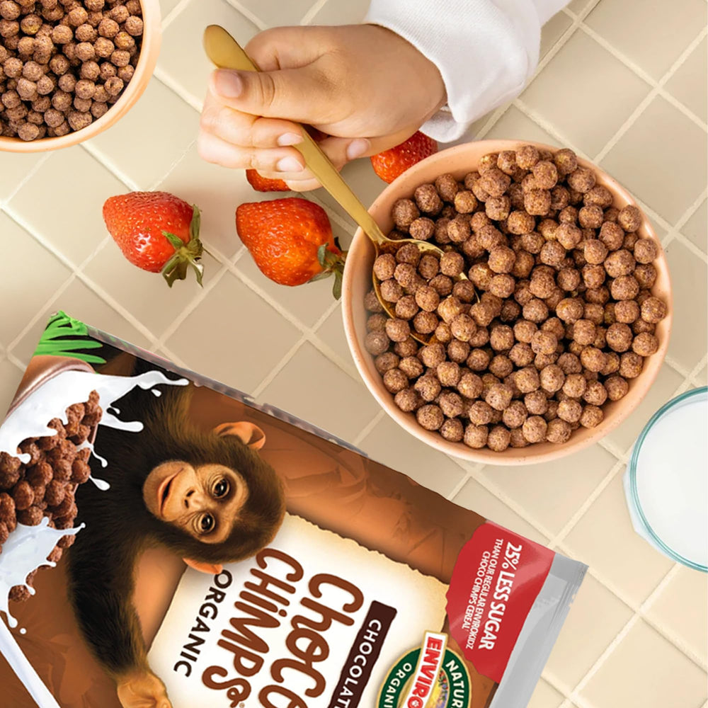 EnviroKidz Choco Chimps cereal in school breakfast context.