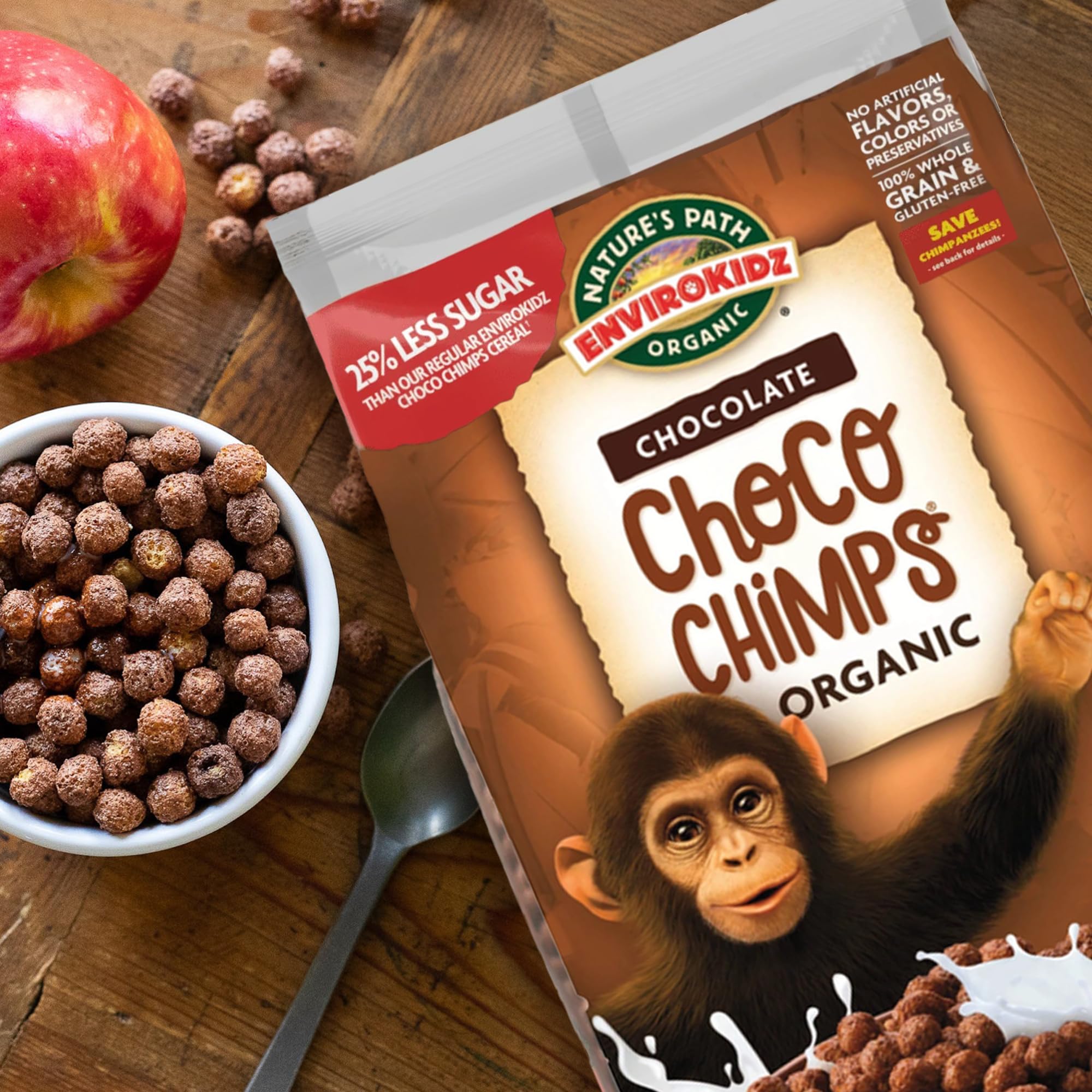 EnviroKidz Choco Chimps serving bowl shows cocoa-coated puffs ideal with milk.