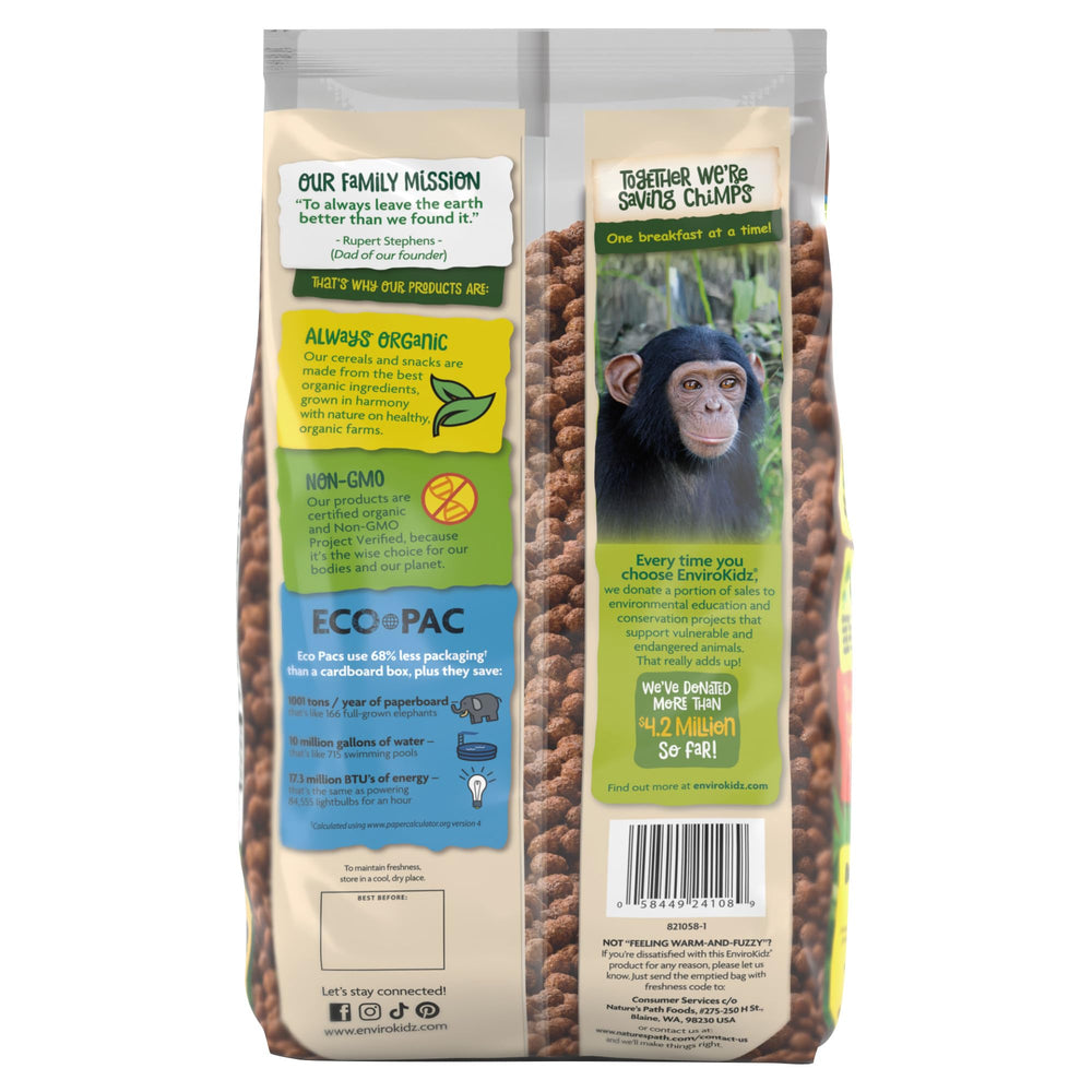 EnviroKidz Choco Chimps cereal with fair-trade cocoa badge.