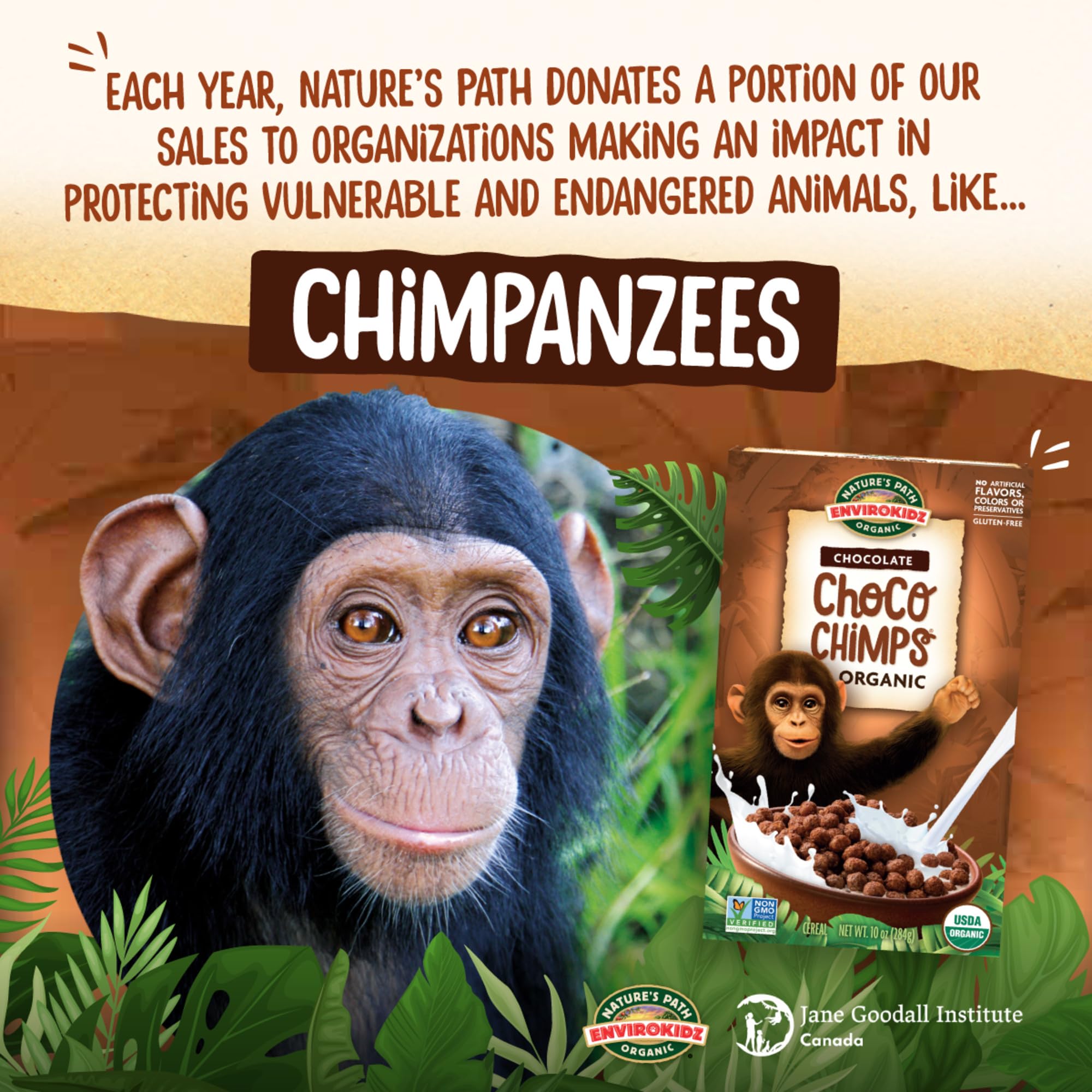 EnviroKidz Choco Chimps pouring into milk, crunchy texture in a bowl