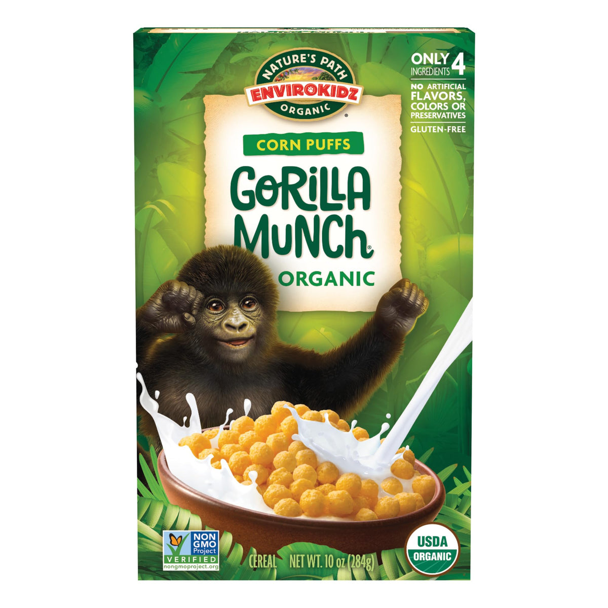 EnviroKidz Gorilla Munch cereal box with 10 oz package for kid-friendly breakfast.