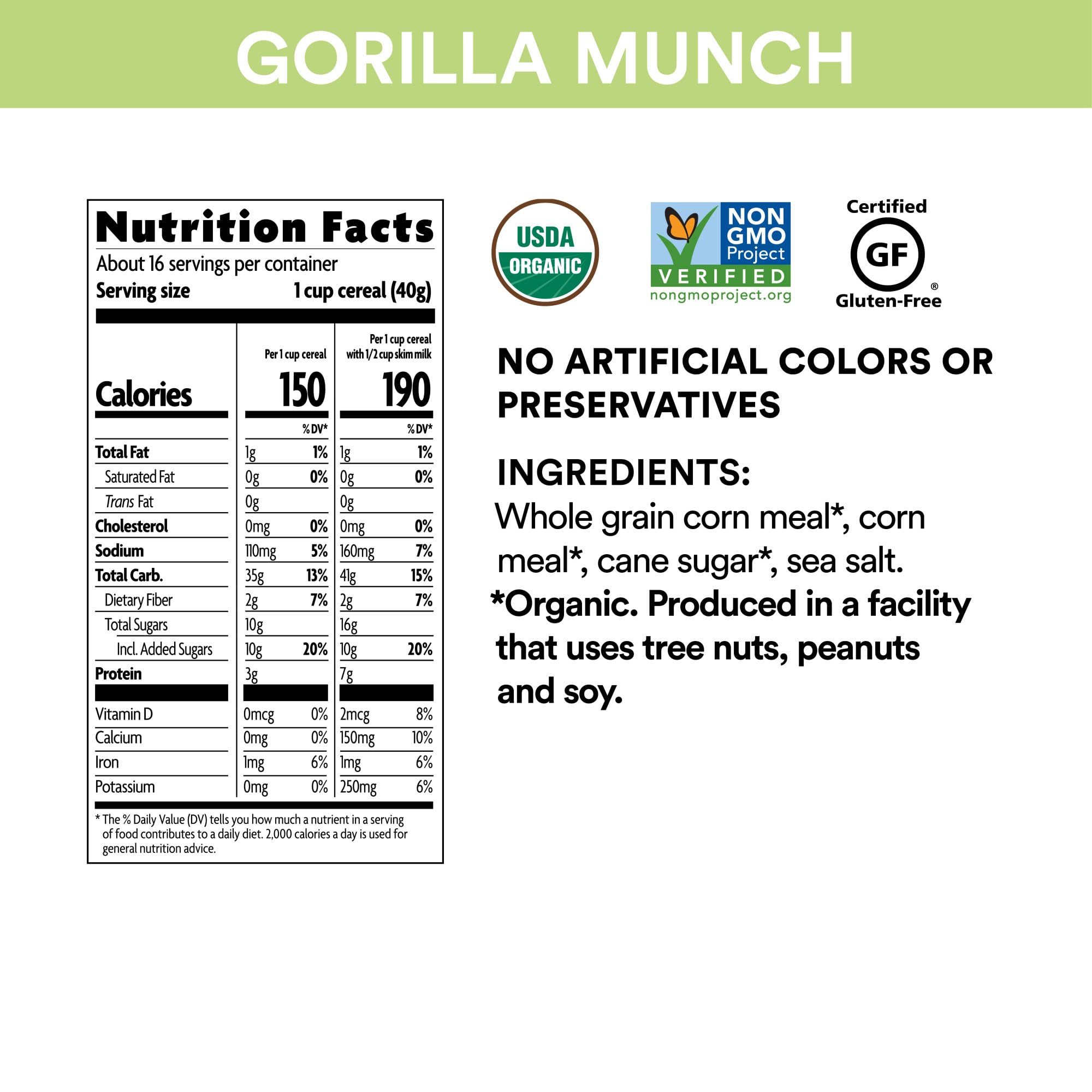 Close-up of light corn puffs showing gluten-free, organic ingredients.