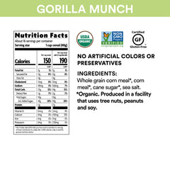 Close-up of light corn puffs showing gluten-free, organic ingredients.