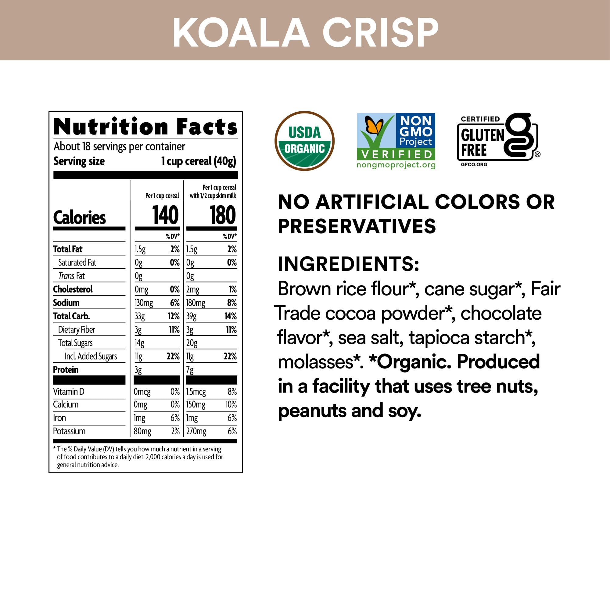 EnviroKidz Koala Crisp in milk highlights crunchy texture for kids' breakfast